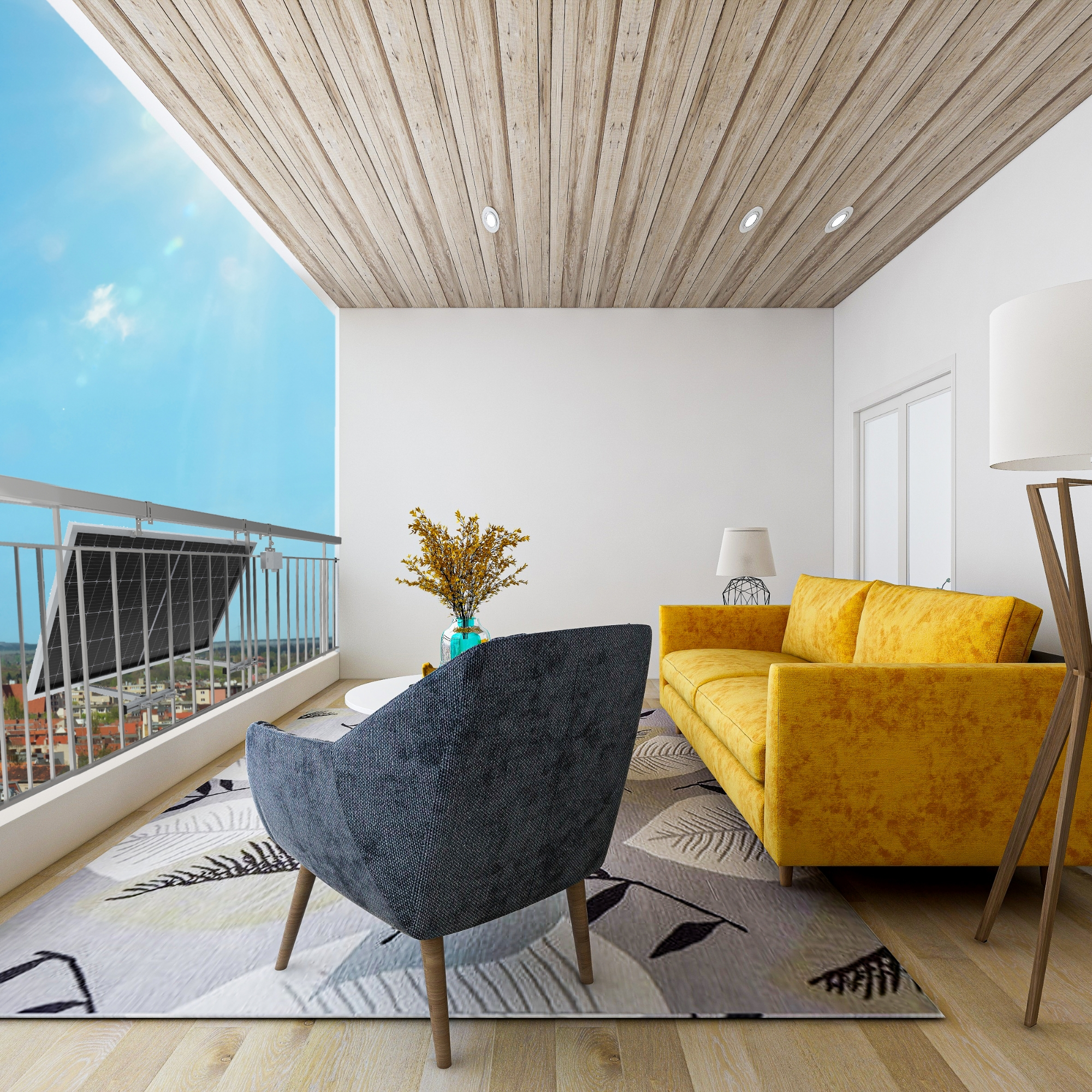 Ein Balkon mit Aussicht. Es gibt ein gelbes Sofa, einen grauen Stuhl und eine Pflanze.
