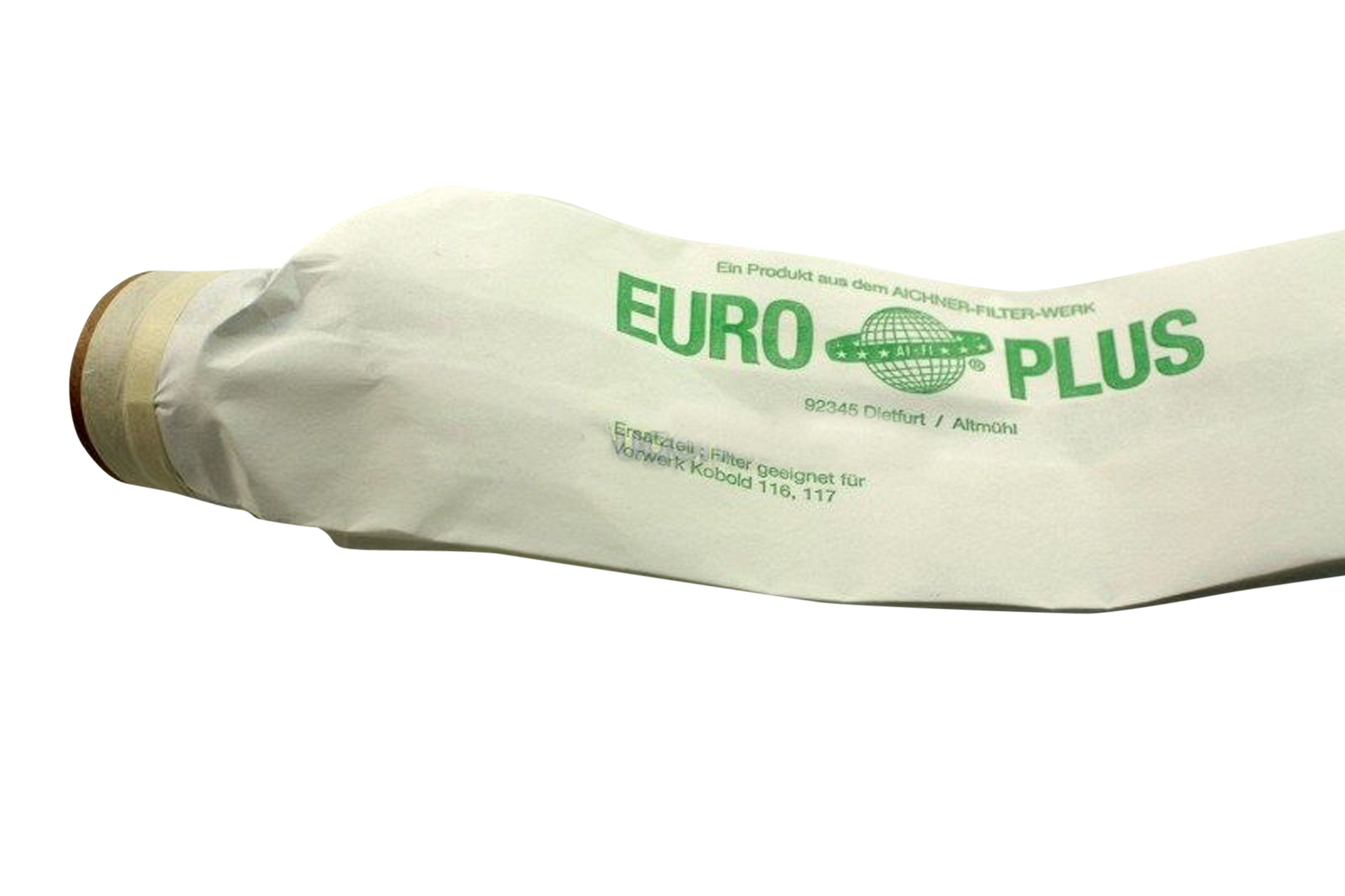Ein weißer Luftfilter mit grünem Logo und Text. Er ist für Vorwerk Kobold 116, 117 konzipiert.