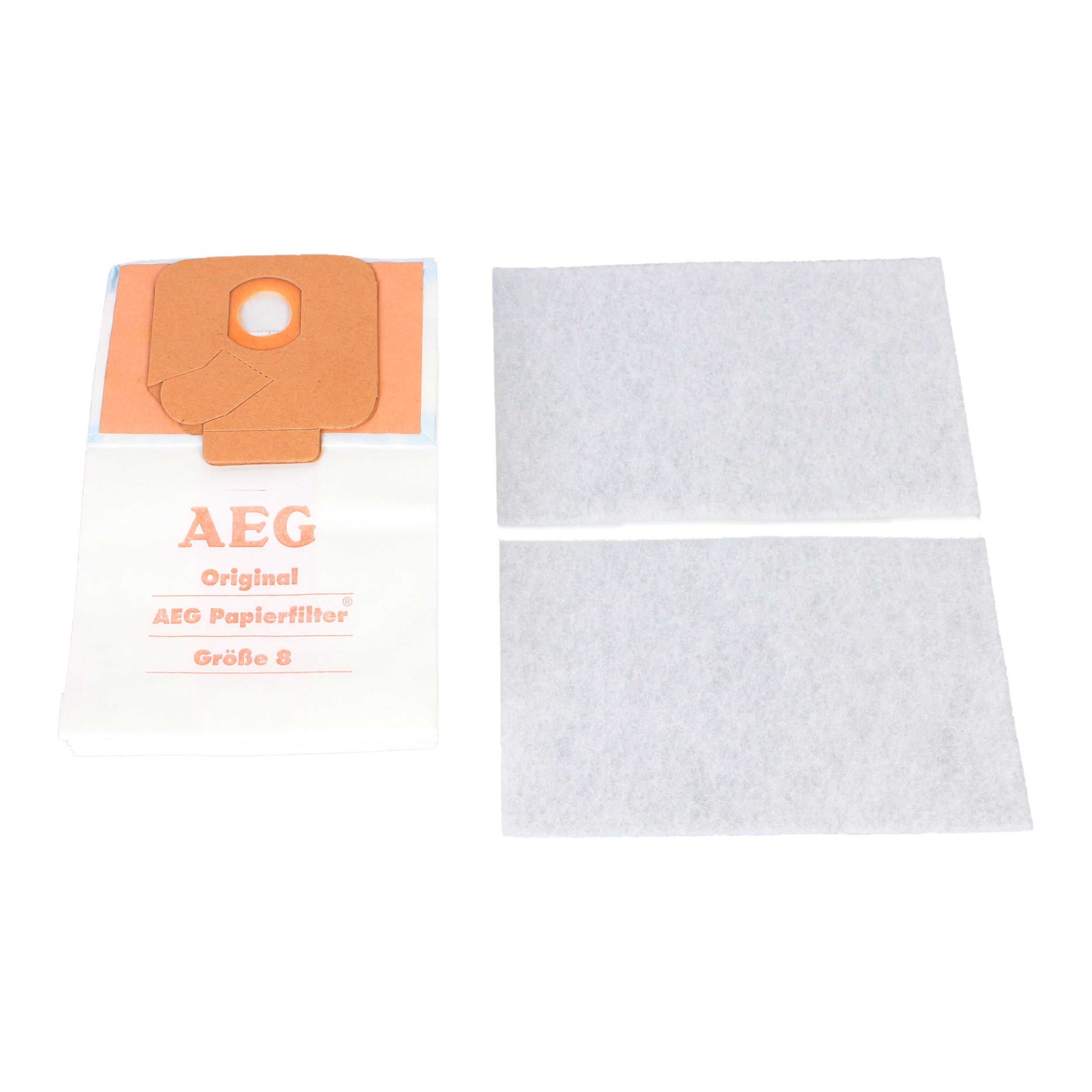 AEG Papierfilter-Set in einer Verpackung, mit zwei zusätzlichen Filtern daneben. Weißer Hintergrund.