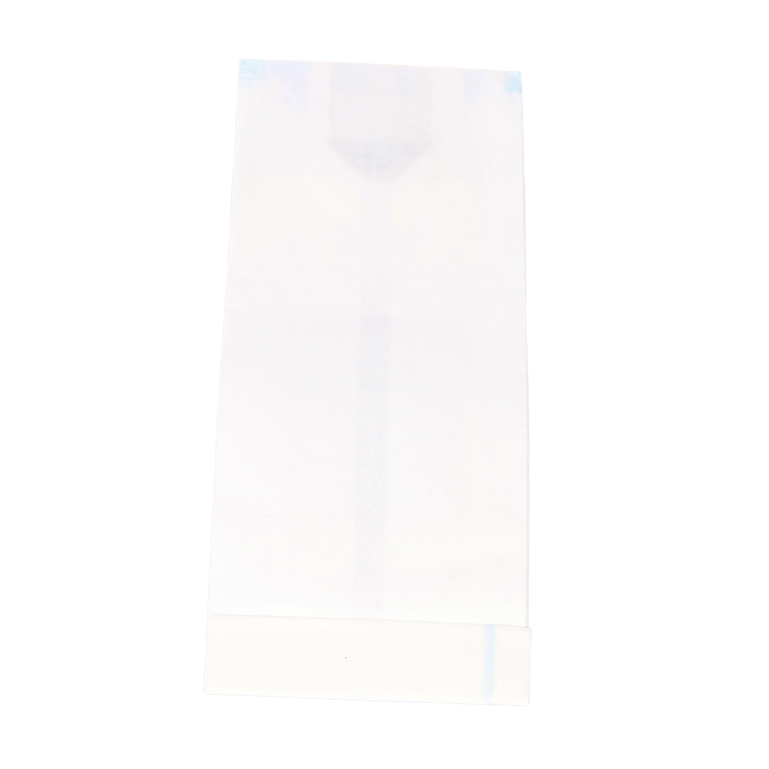Ein weißer, rechteckiger Plastikbeutel, unten versiegelt. Der Beutel ist leer und hat ein schlichtes Design.