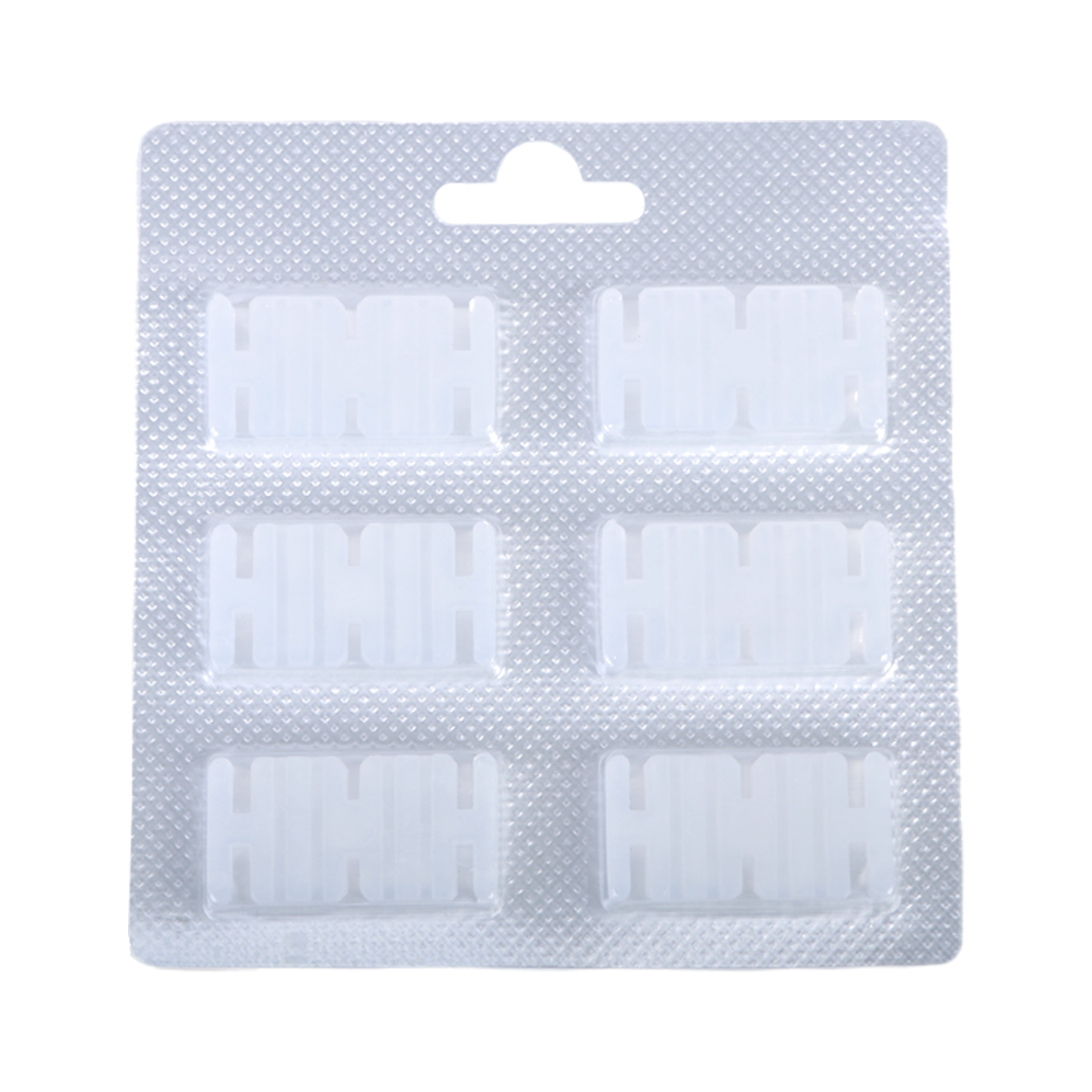 Silberne Blisterpackung mit sechs weißen Kunststoff-Kabelclips. Clips sind in zwei Reihen zu je drei angeordnet.