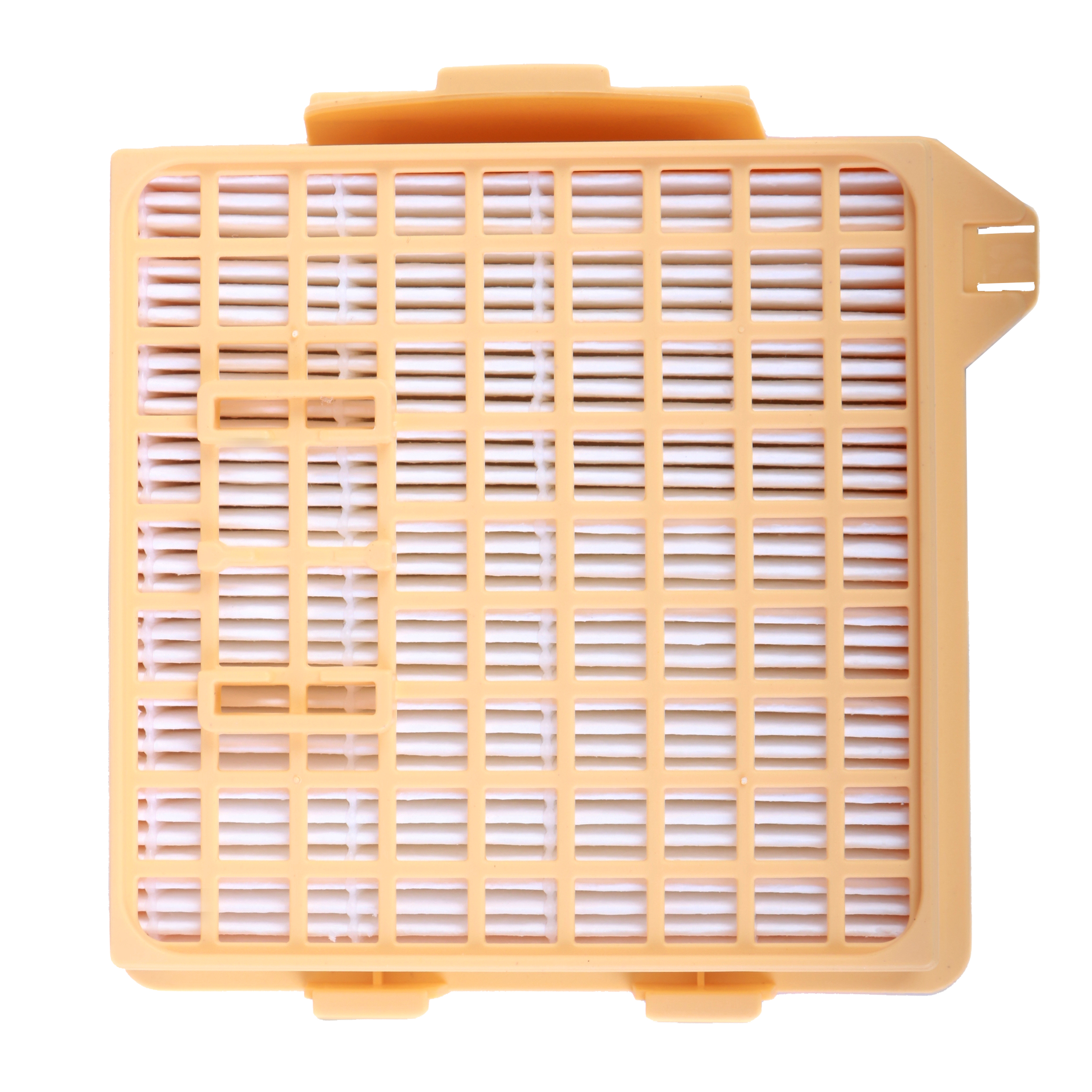 Ein cremefarbener Staubsaugerfilter mit horizontalen Lamellen.