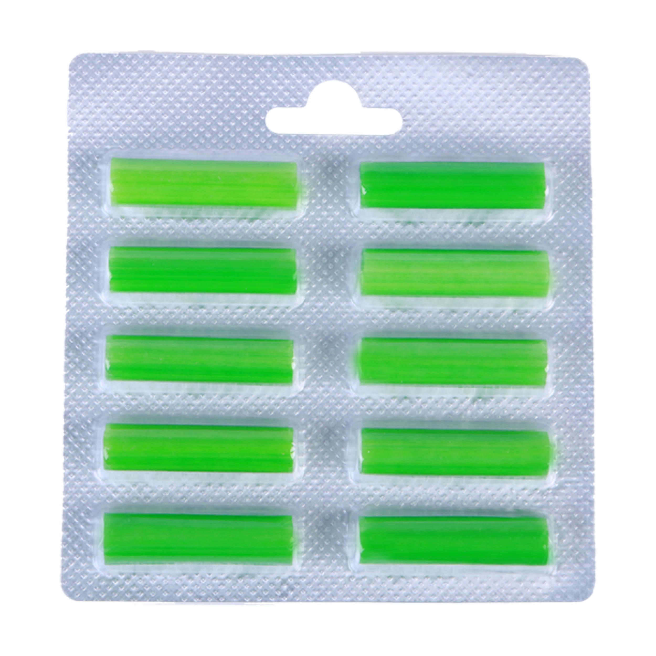 Grüne Lufterfrischer-Nachfüllungen in einer Blisterpackung. Weißer Hintergrund.
