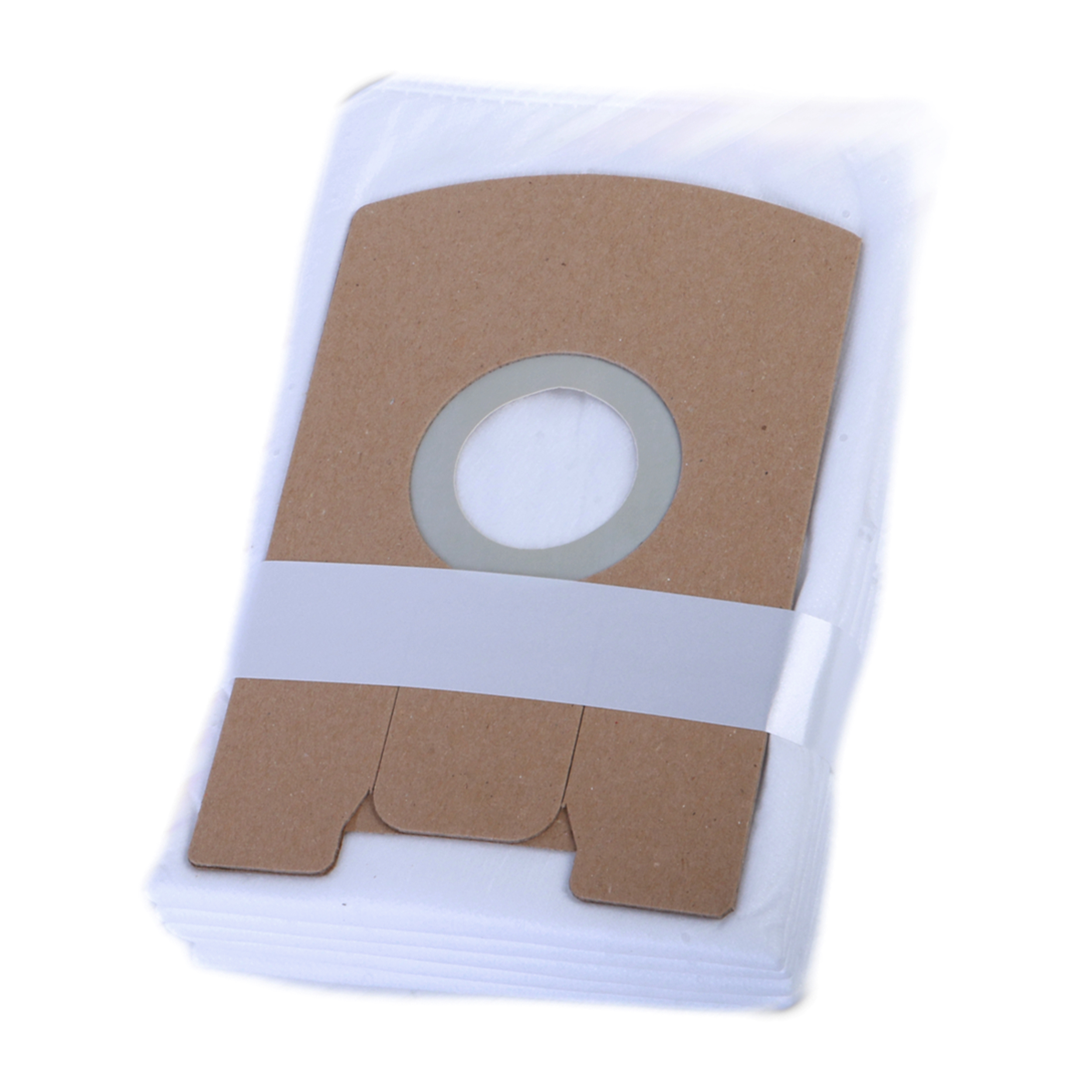 Staubsaugerbeutel. Gestapelte, braune Papiertüten mit weißem Rand.