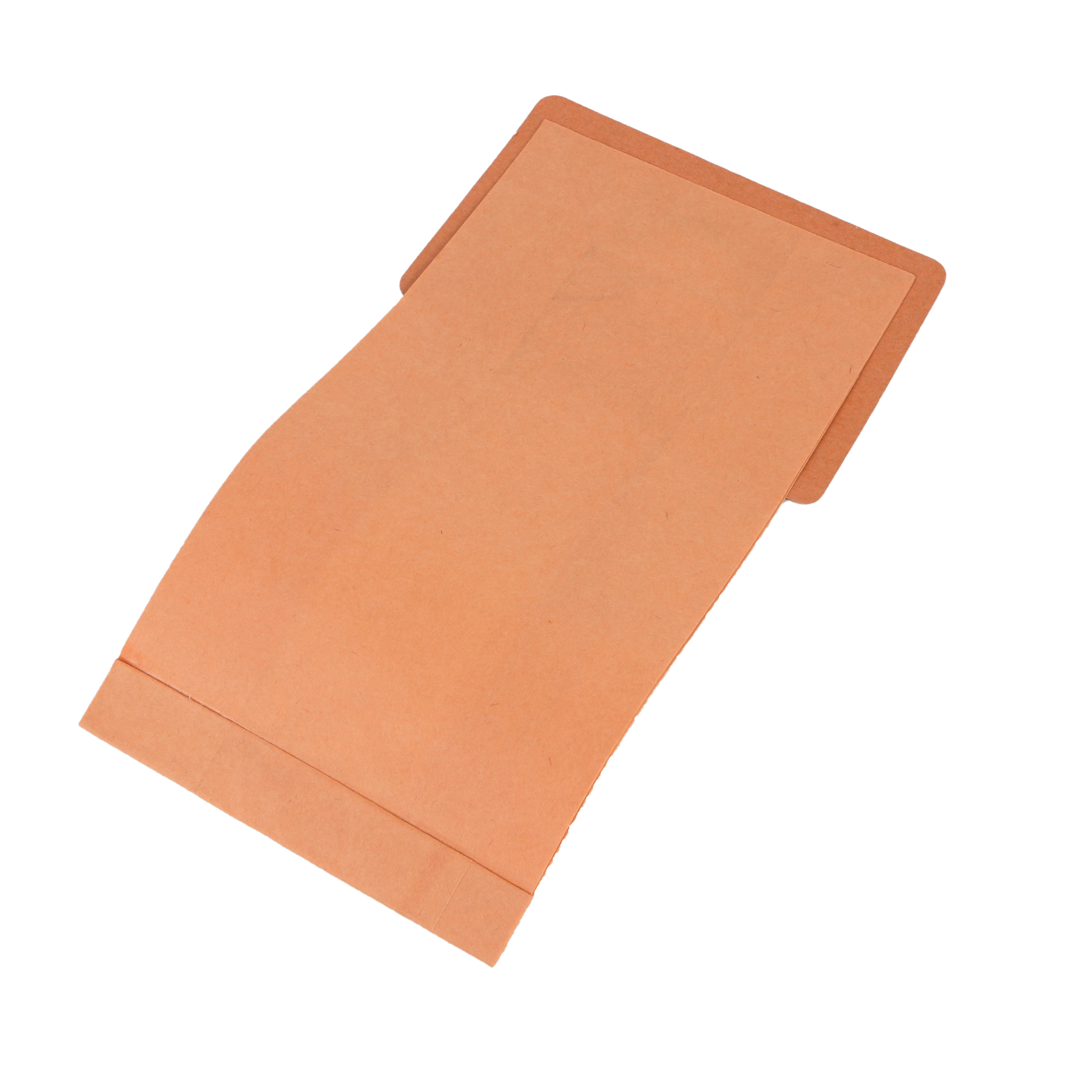 Ein orangefarbenes Papierobjekt auf weißem Hintergrund. Es hat eine rechteckige Basis.