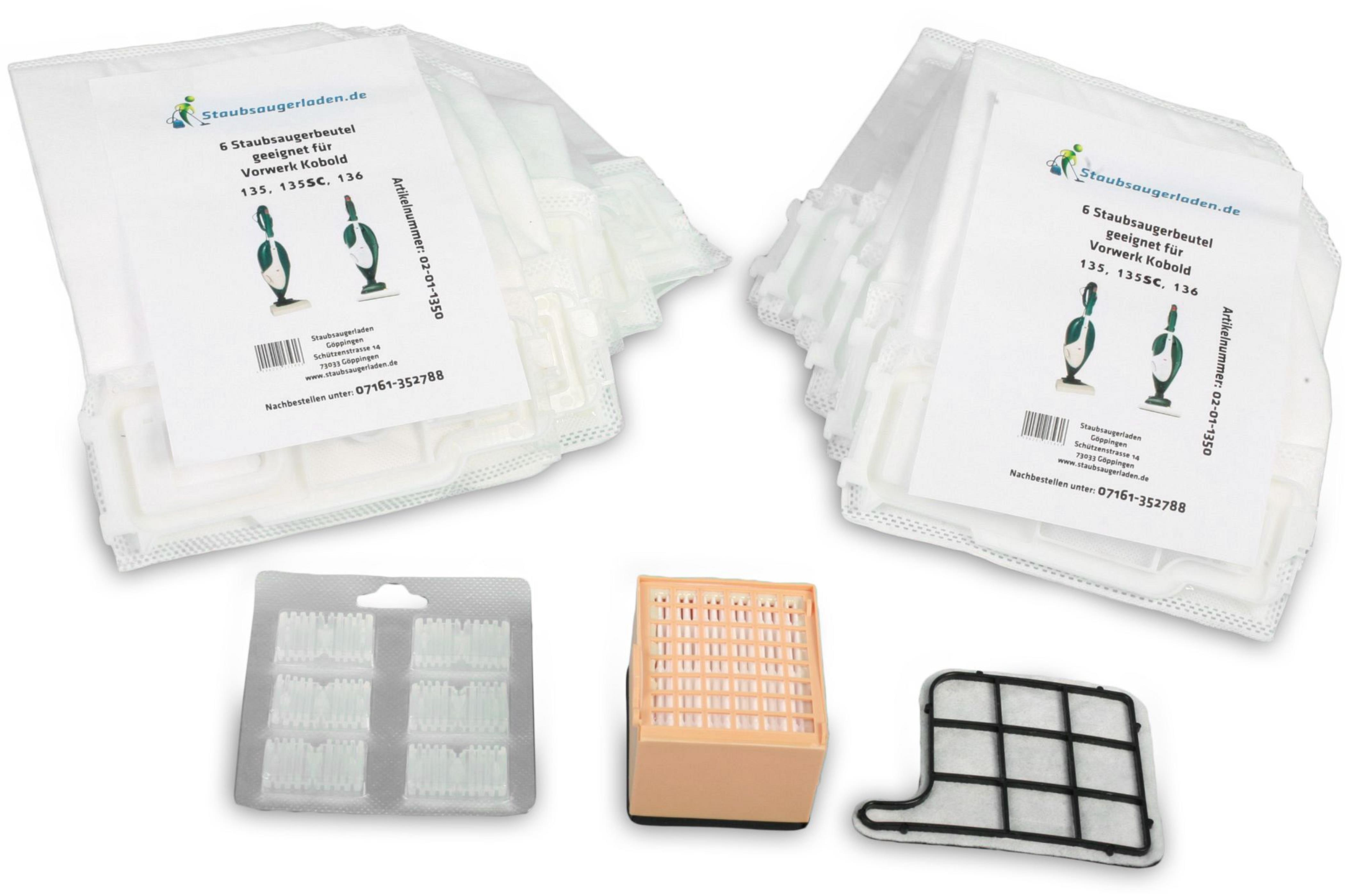 Mehrere Staubsaugerfilterbeutel und Filter mit Textetiketten und Produktinformationen.