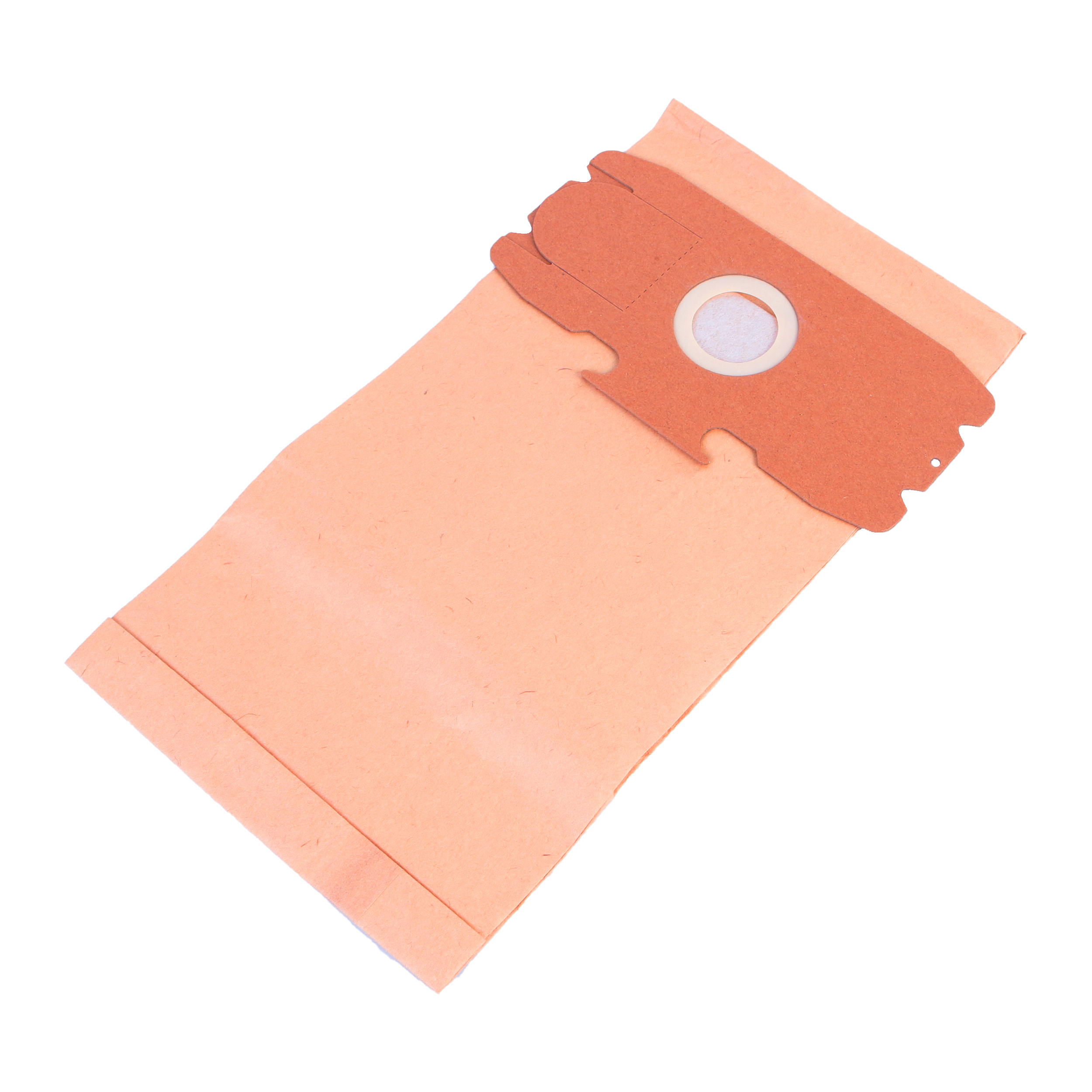 Ein orangefarbener Staubsaugerbeutel mit braunem Kartonaufsatz, auf weißem Hintergrund.