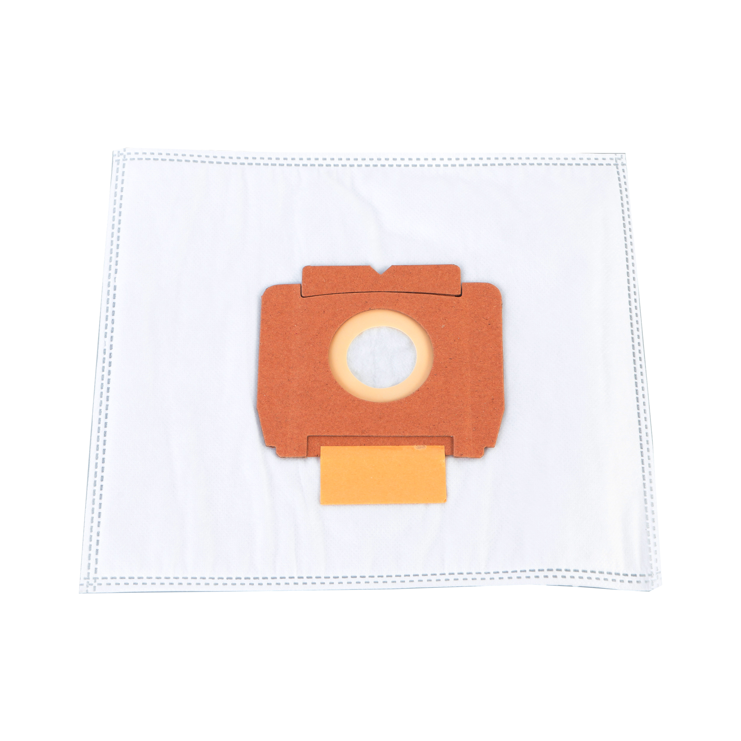 Ein weißer Staubsaugerbeutel mit einer orange-braunen Kartonöffnung.