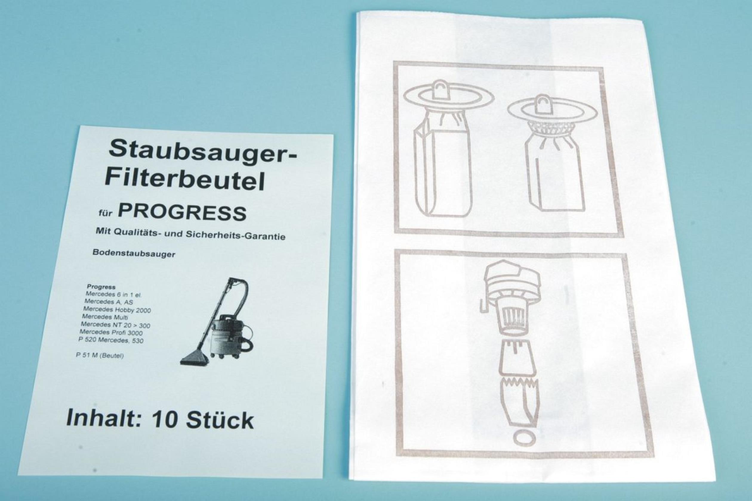 Staubsauger-Filterbeutel mit Text auf Deutsch, einschließlich eines Bildes eines Staubsaugers.