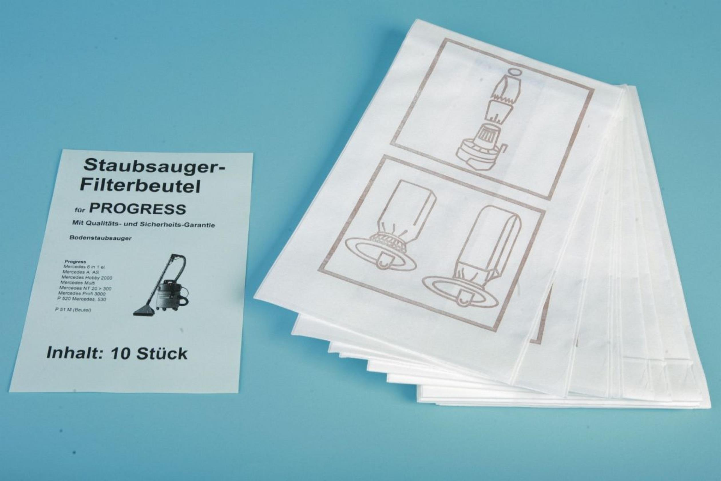 Staubfilterbeutel, Papier. Text auf Deutsch, Bilder von Staubsaugerteilen.