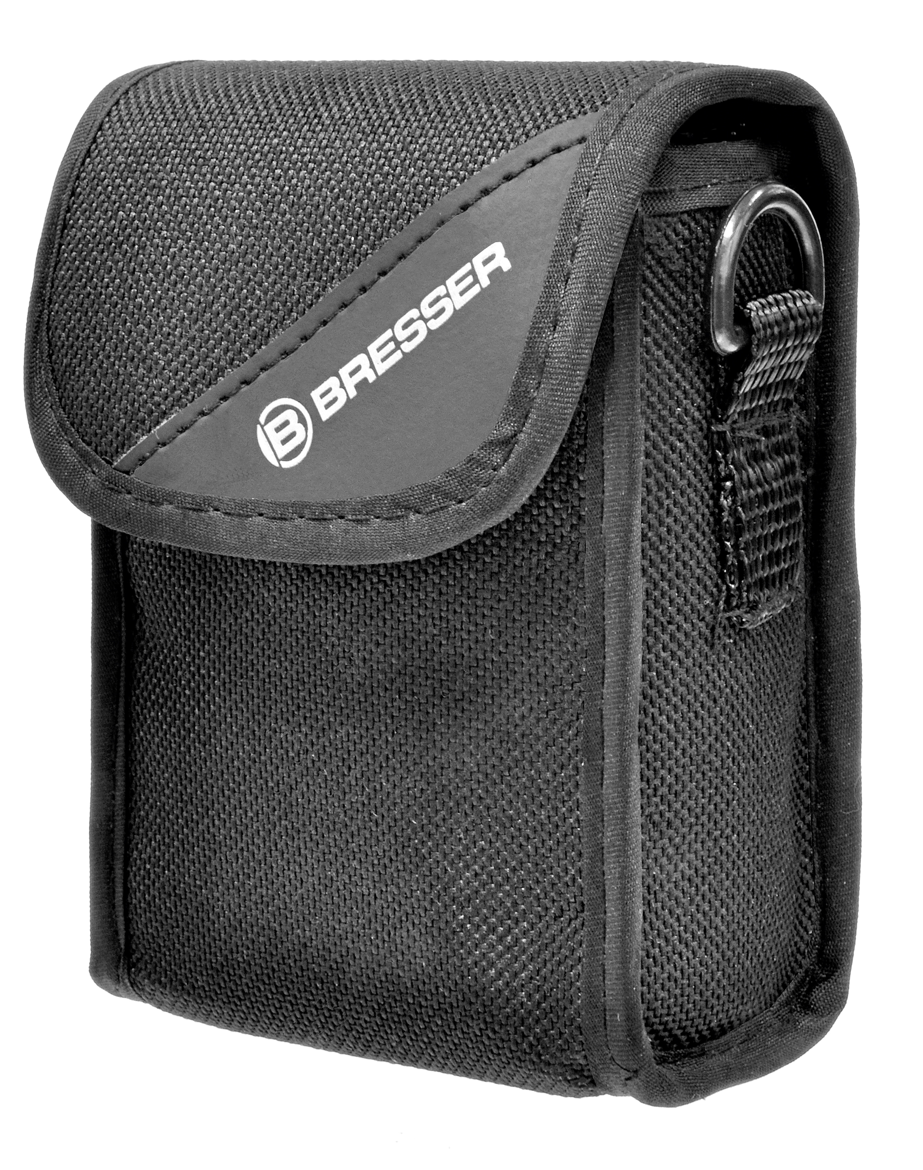 Funda de cámara negra con un logotipo de Bresser sobre un fondo blanco. Tiene un anillo.