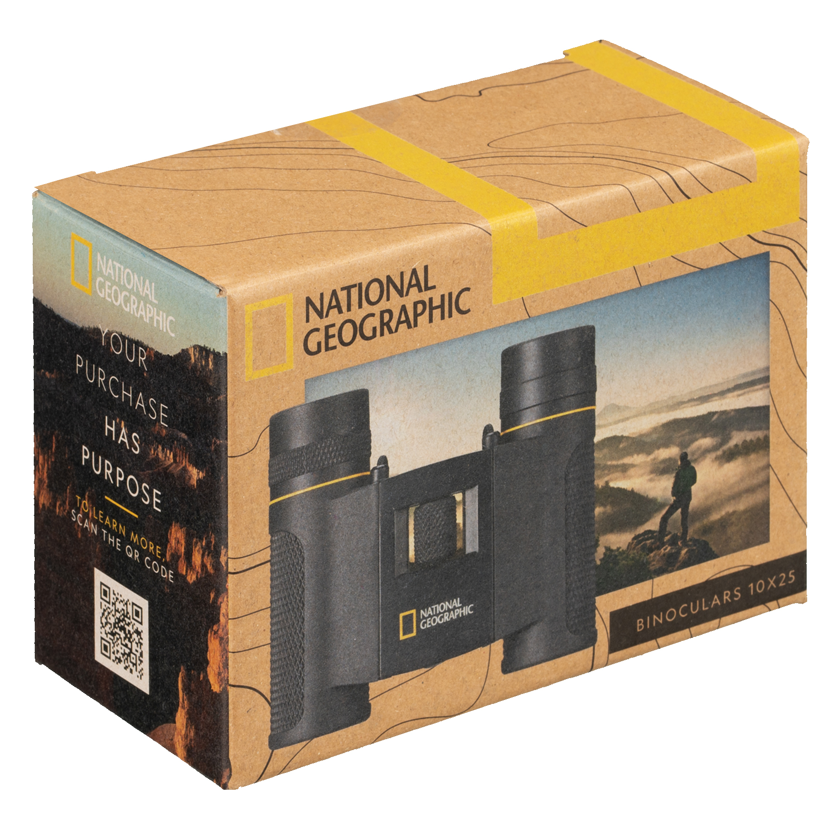 Eine Schachtel mit National Geographic Fernglas 10x25. Die Schachtel ist braun mit gelben Akzenten.