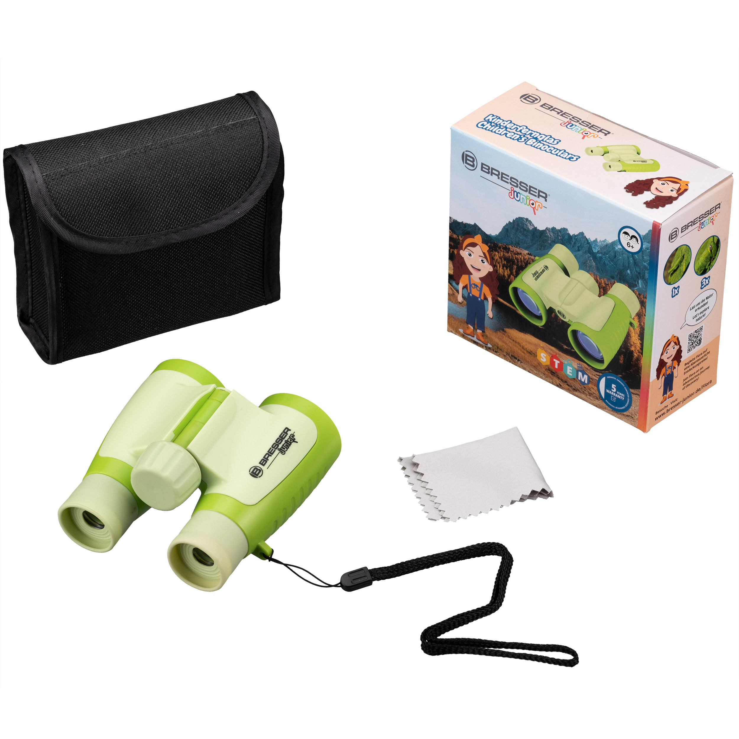 Fernglas, Etui, Putztuch und Box. Das Fernglas ist grün und weiß.
