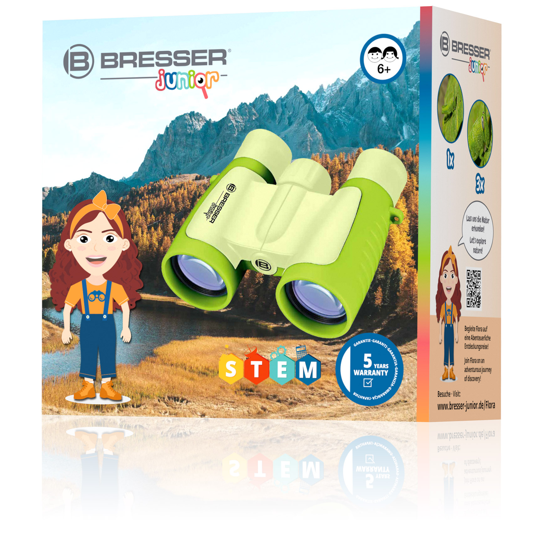 Grün-weißes Fernglas mit Bergkulisse. Die Schachtel zeigt ein Cartoon-Mädchen.