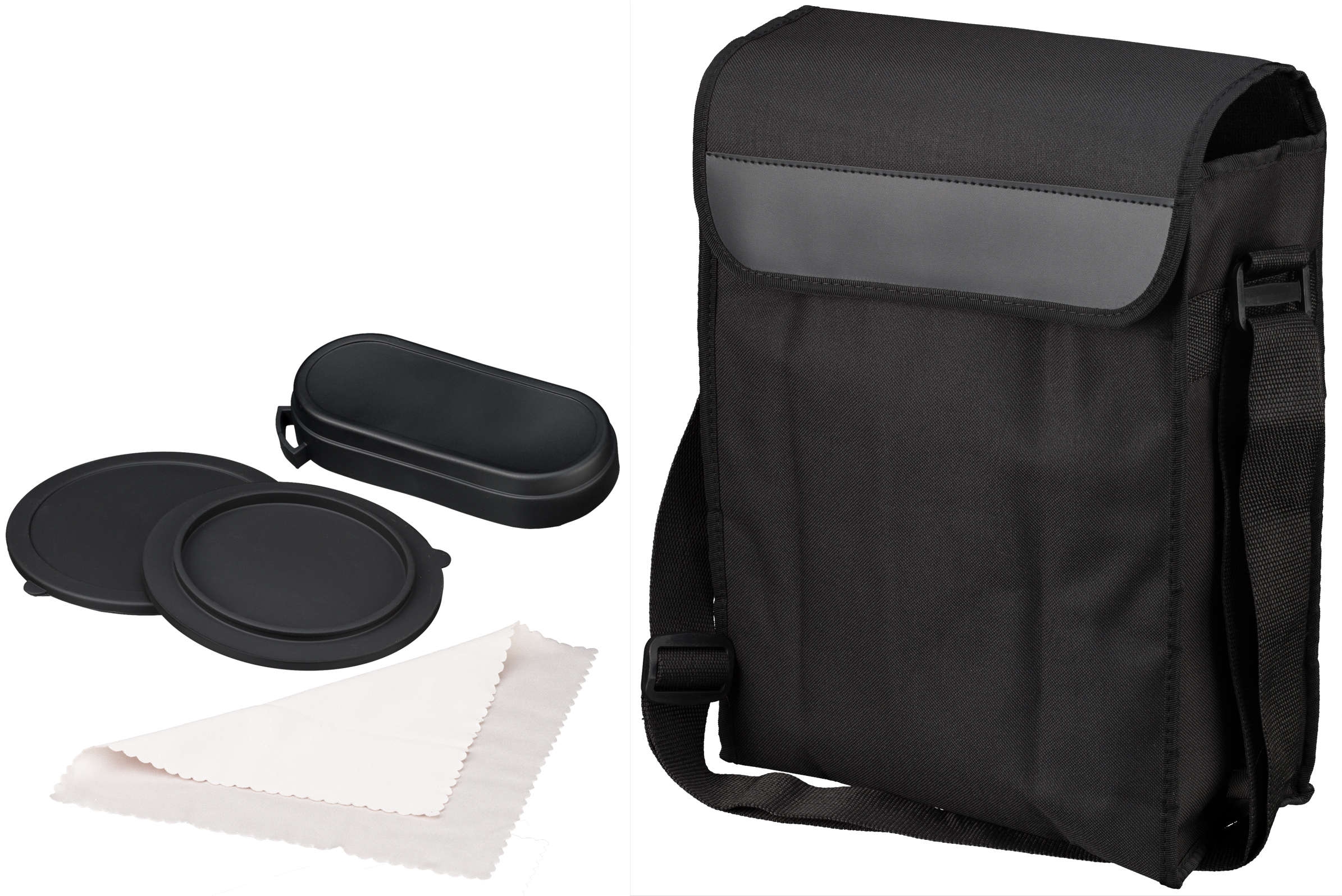Accesorios negros. Dos tapas de lente, un estuche para gafas y un paño de limpieza.