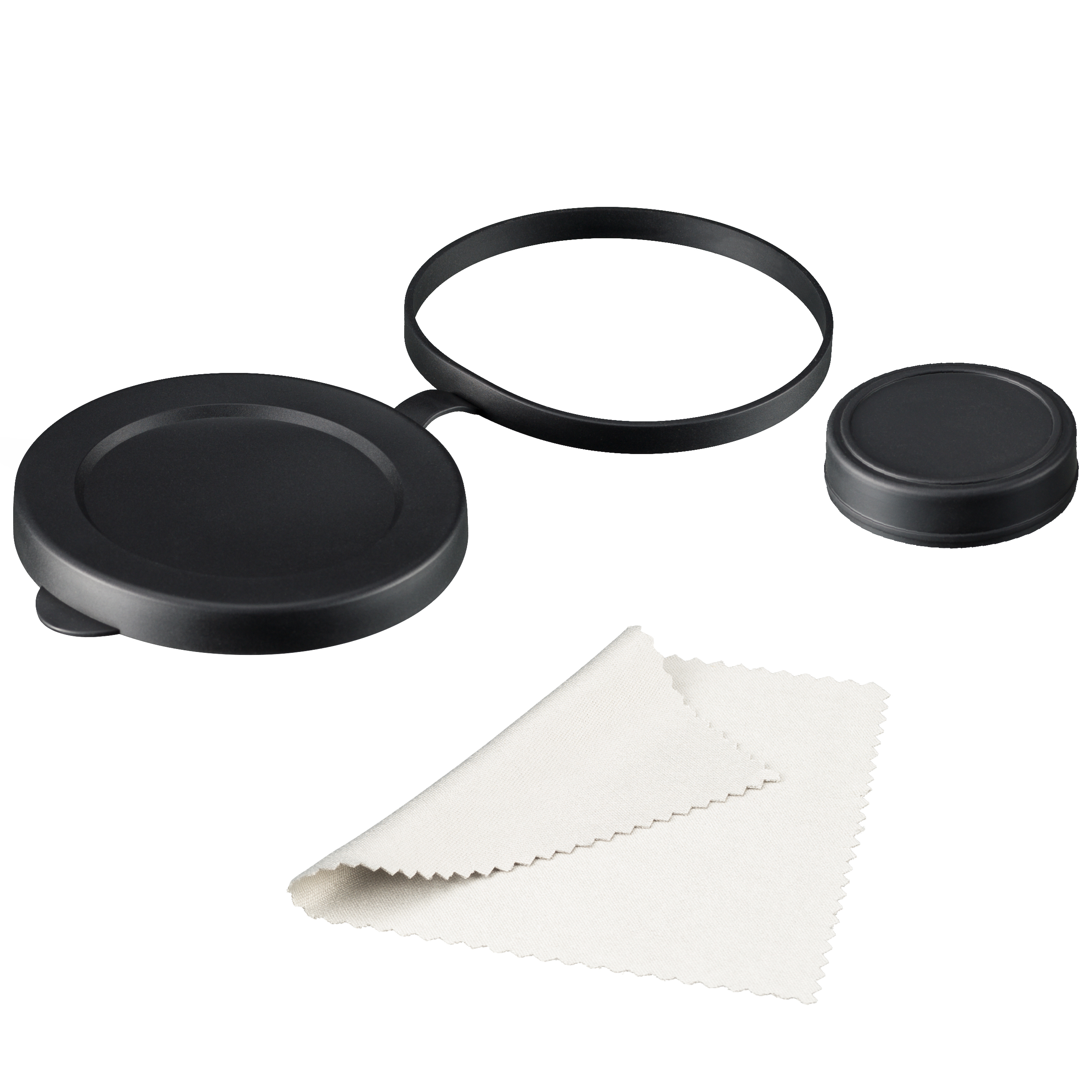 Schwarzes Objektivdeckel-Set mit einem Reinigungstuch. Inklusive Frontdeckel, Ring und Rückdeckel.