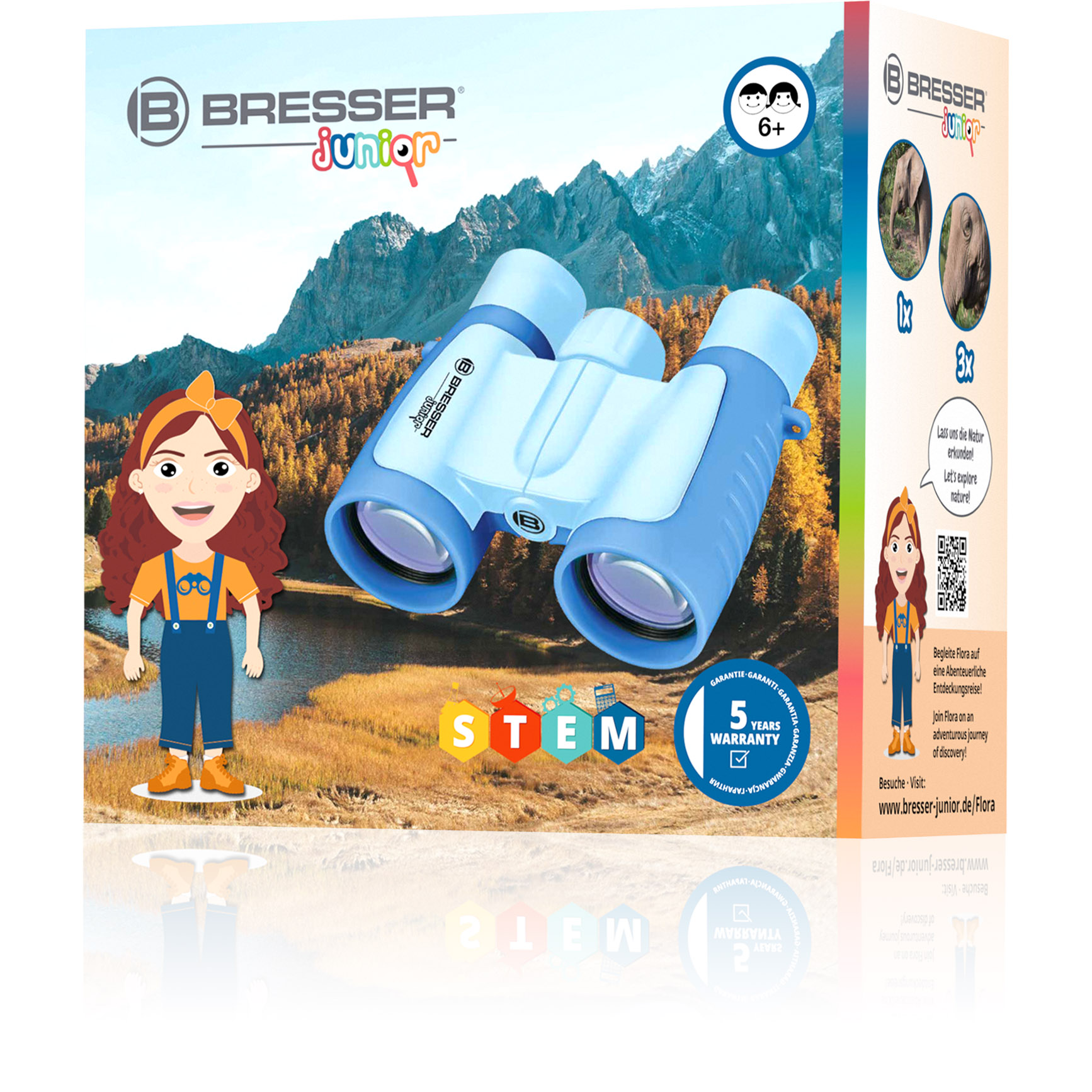 Fernglas auf Produktbox mit Illustration von Mädchen und Berg.