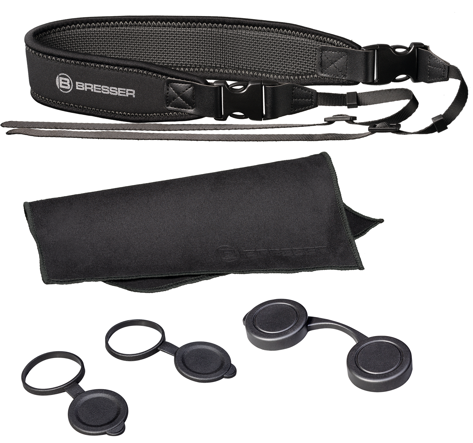 Ein Set von Bresser Optikzubehör, darunter ein Gurt, eine Tasche und Objektivkappen.
