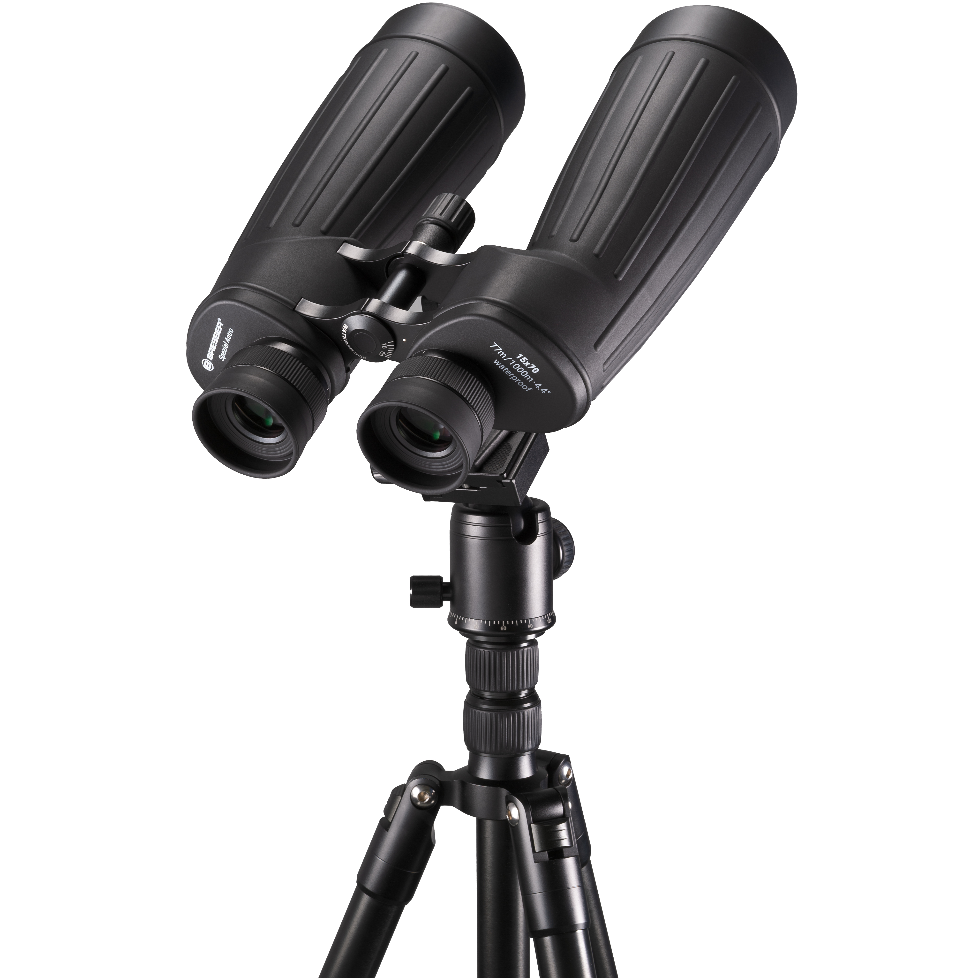 Schwarzes Fernglas auf einem Stativ. Die Linsen sind groß. Der Hintergrund ist weiß.