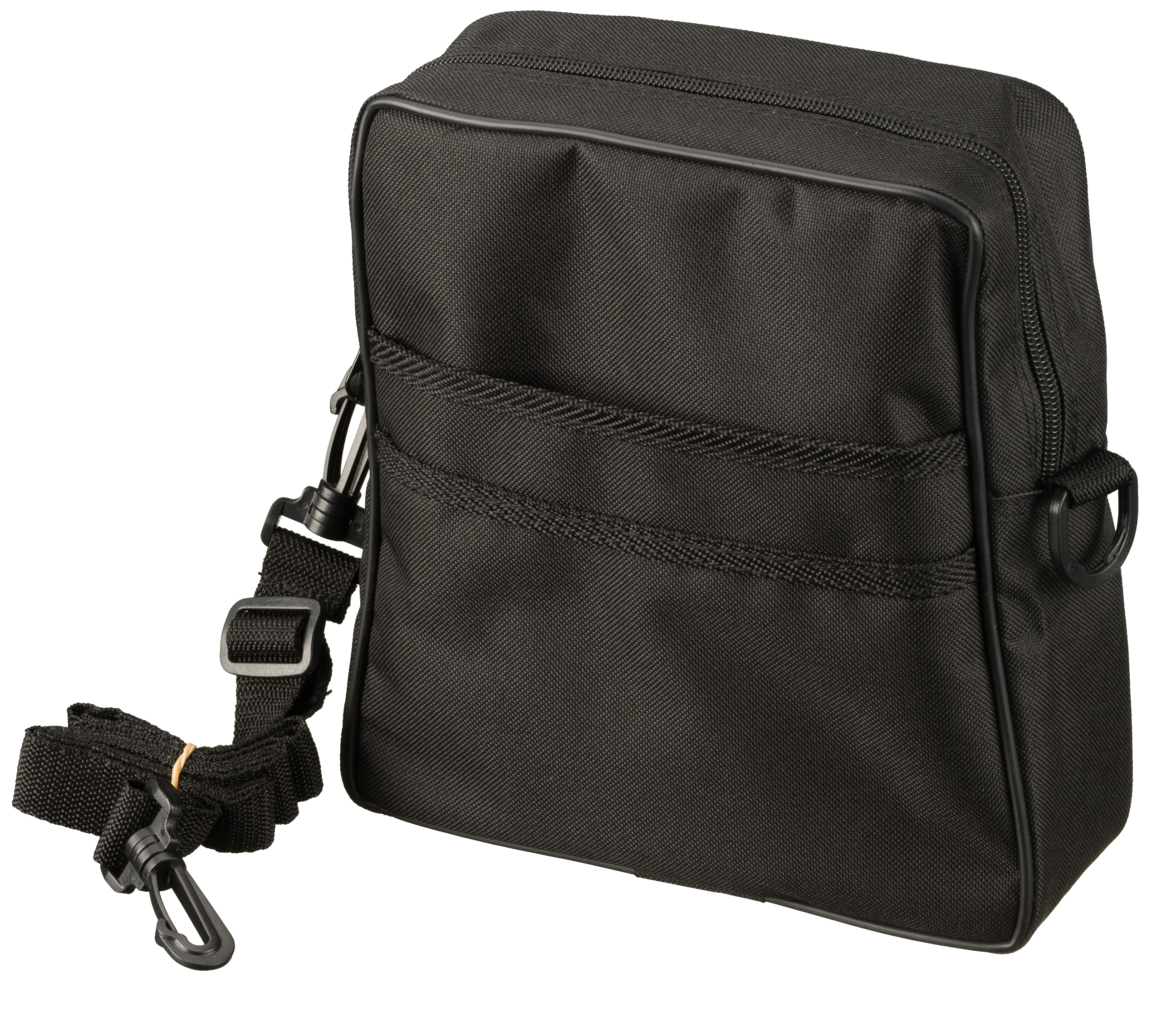 Bolso mensajero negro con correa para el hombro. La bolsa tiene un bolsillo frontal y cierre de cremallera.