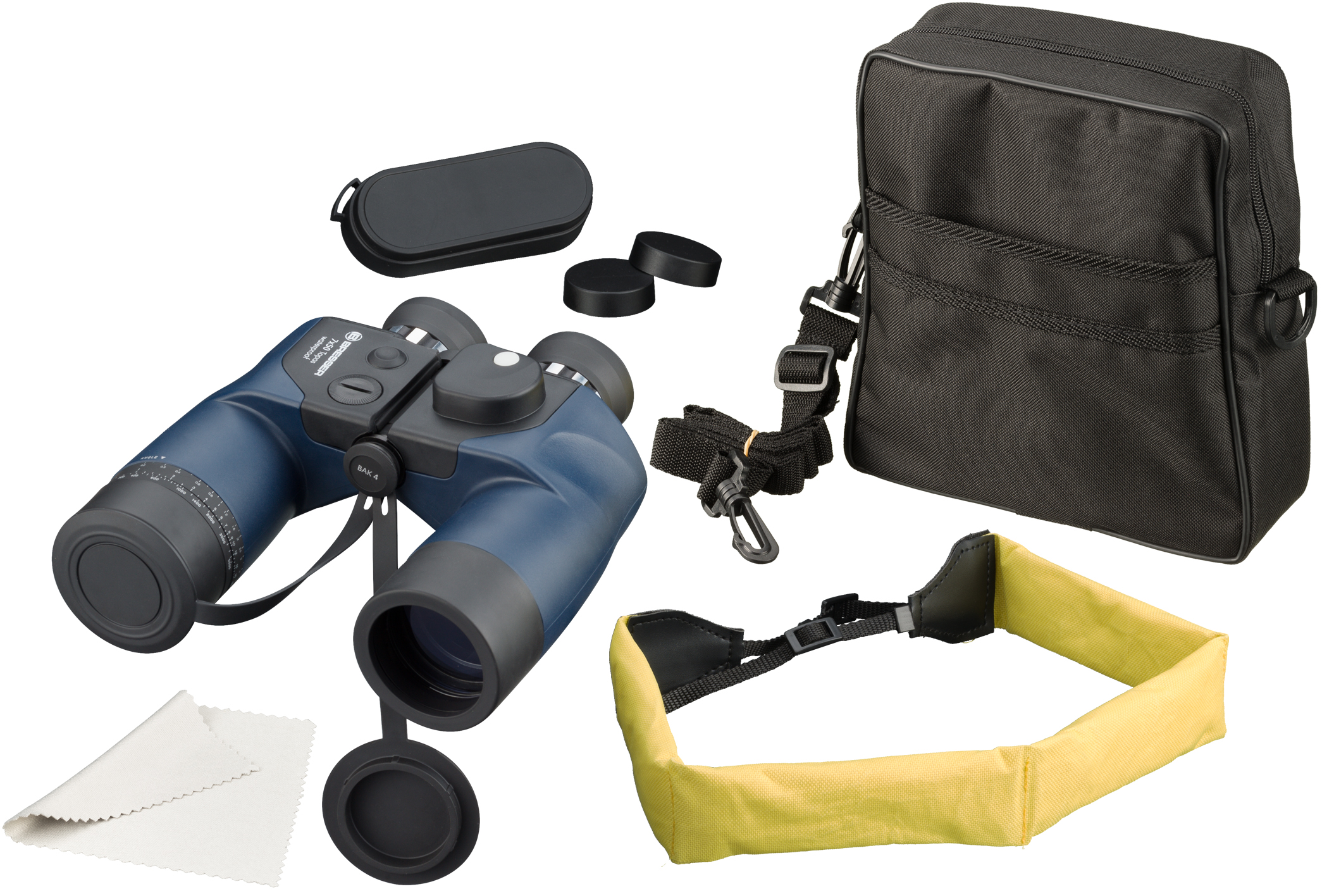 Binoculares con accesorios: estuche, correa, cubiertas de lentes y paño de limpieza, todo sobre fondo blanco.