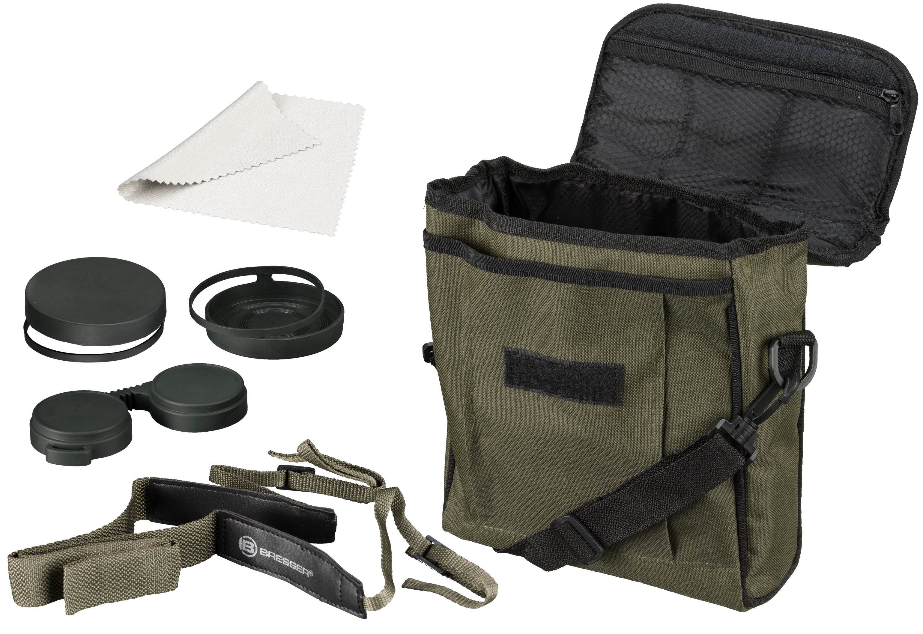 Eine Tasche mit Zubehör für Ferngläser. Einschließlich Linsenabdeckungen und einem Reinigungstuch.