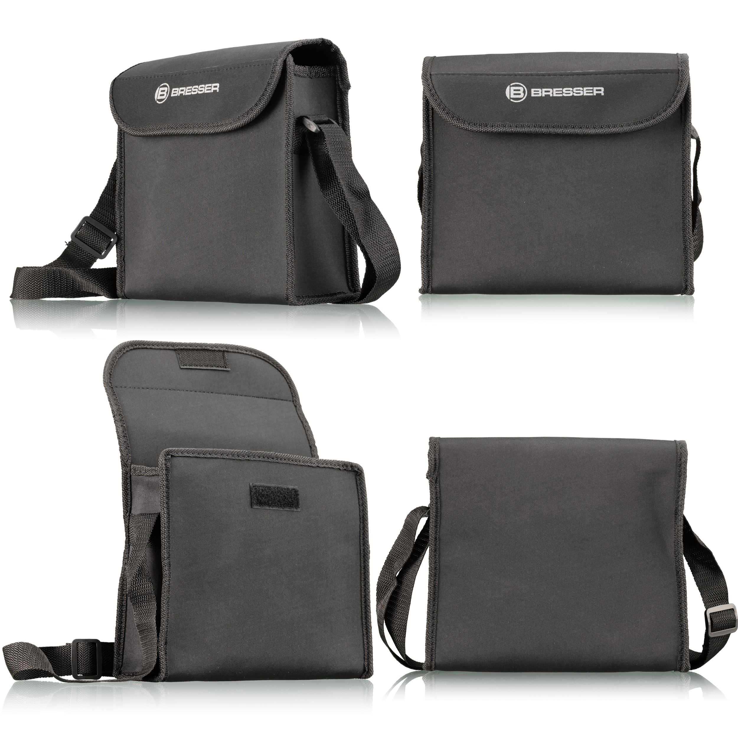 Cuatro vistas de una bolsa BRESSER negra con bandolera, para transportar equipos.