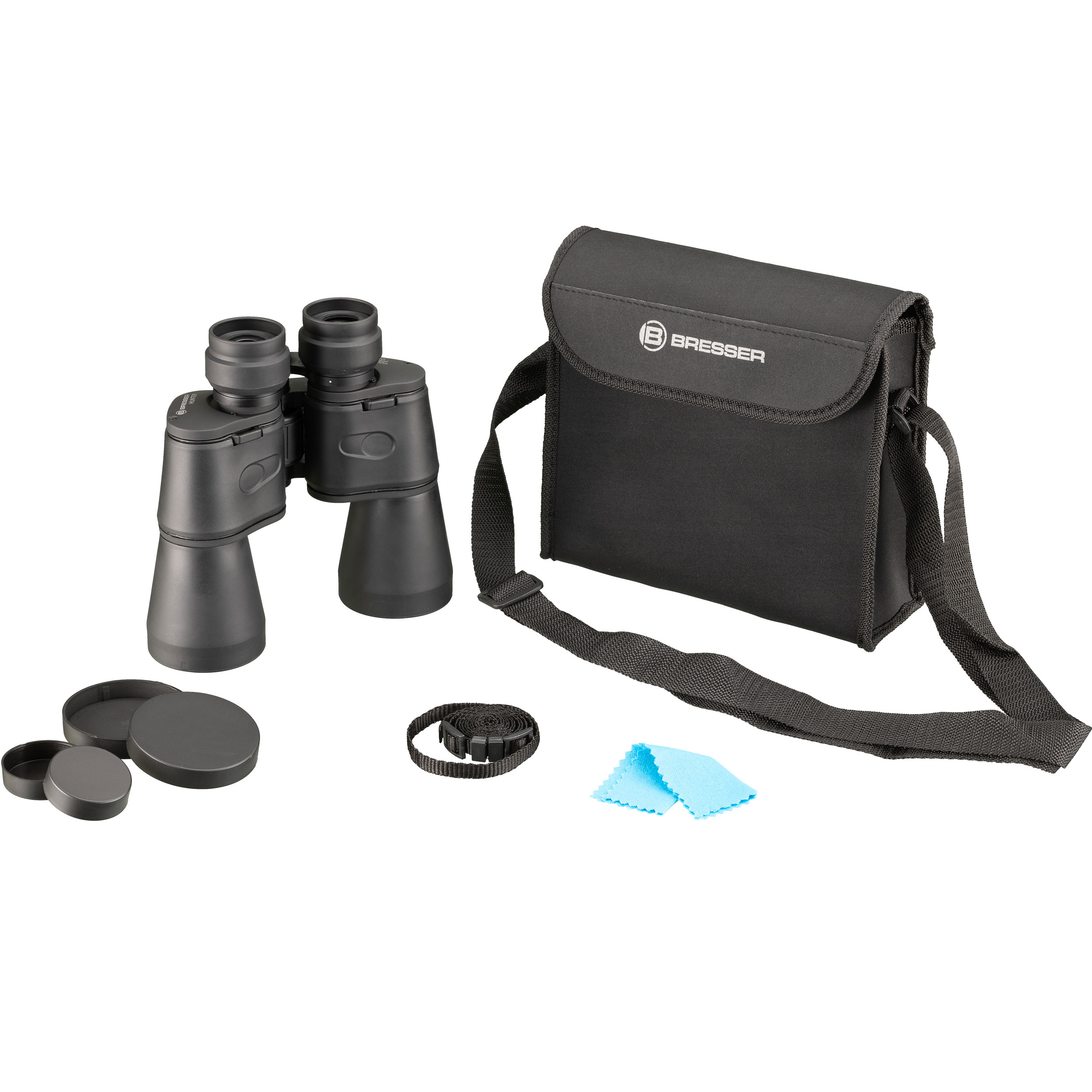 Prismáticos negros y accesorios: estuche, tapas de lentes, correa, paño de limpieza.