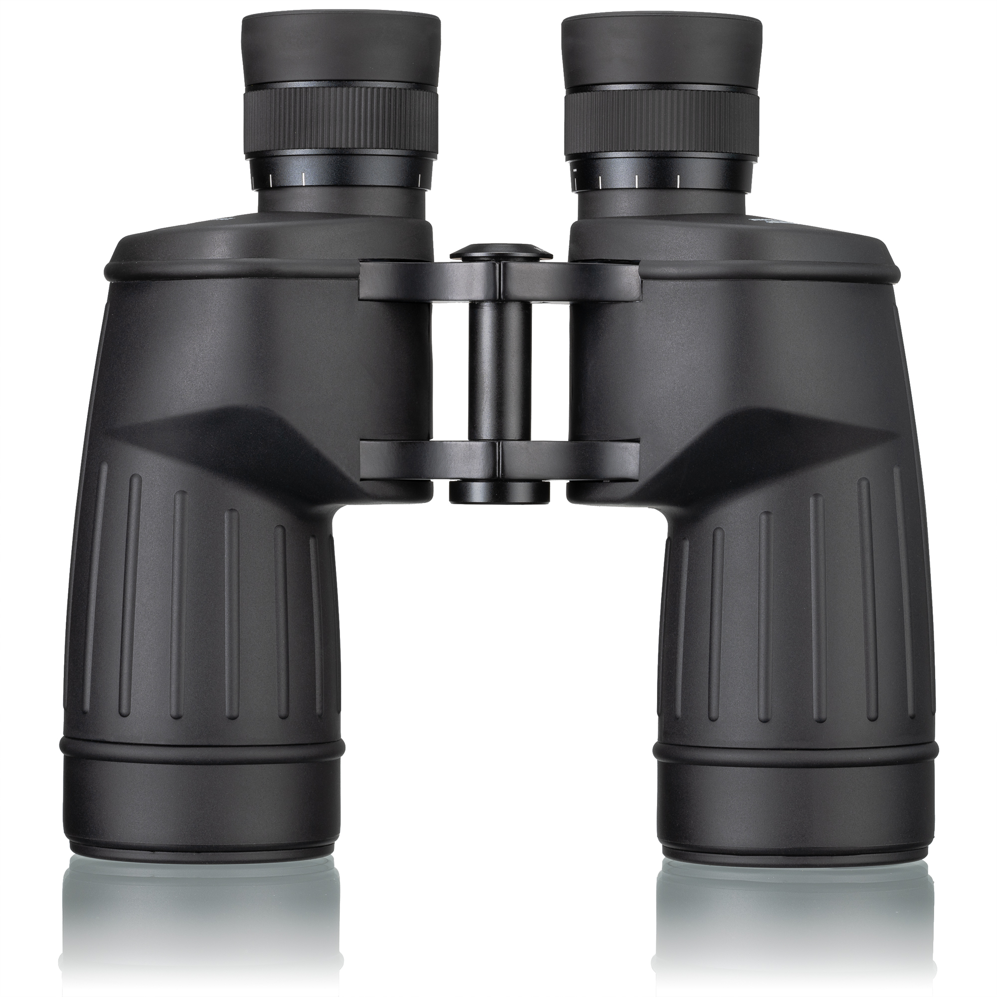 Schwarzes Fernglas auf weißem Hintergrund. Detaillierte Ansicht der Linsen und des Fokus.
