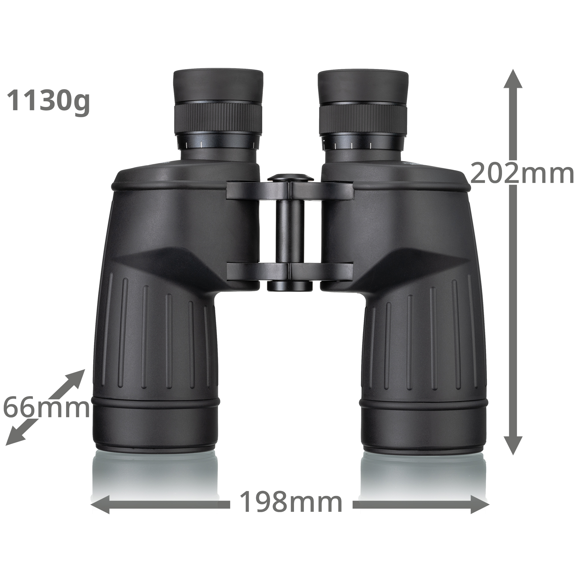 Schwarzes Fernglas mit Maßen: 198 mm breit, 202 mm hoch, 66 mm dick und wiegt 1130 g.
