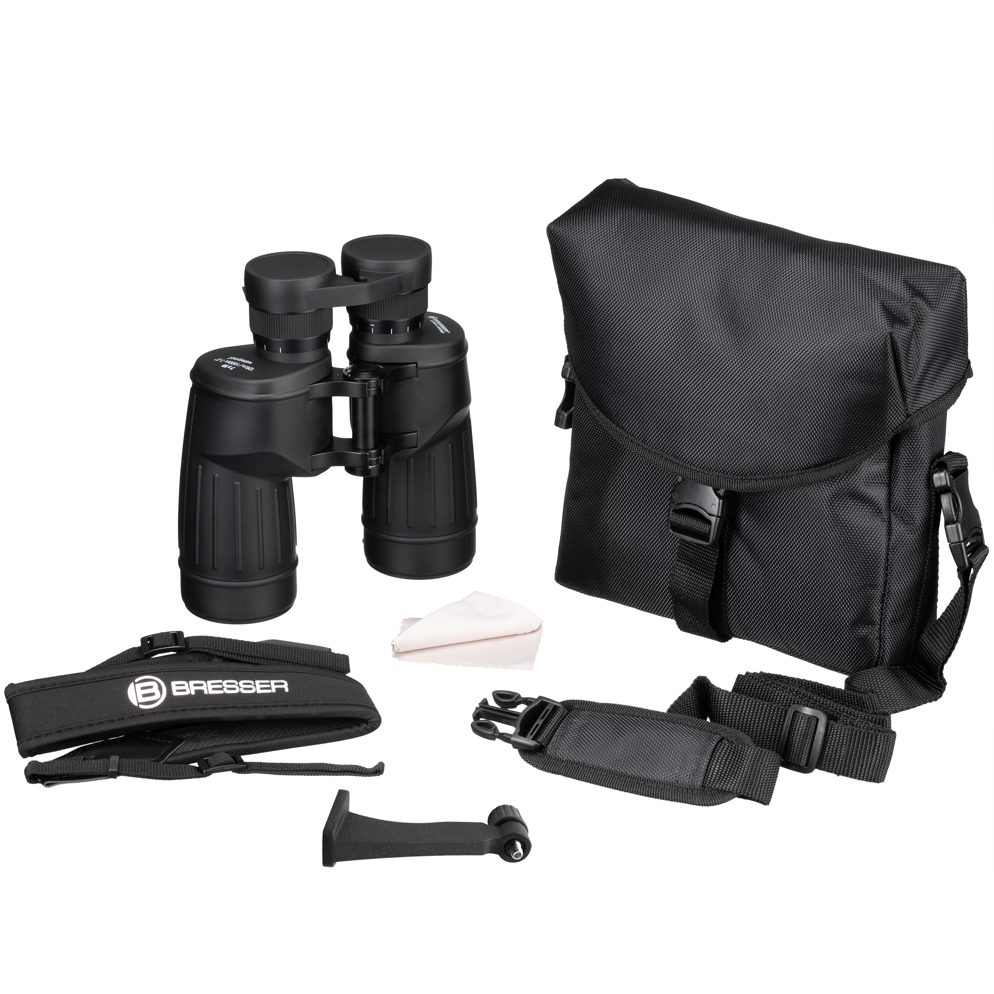 Schwarzes Fernglas, Tasche, Gurte, Tuch und Halter.