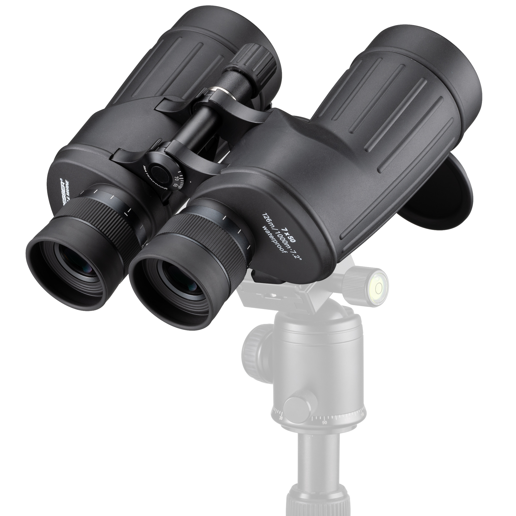 Schwarzes Fernglas auf Stativ, mit Fokusrad und Objektivkappen. Inklusive Wasserwaage.