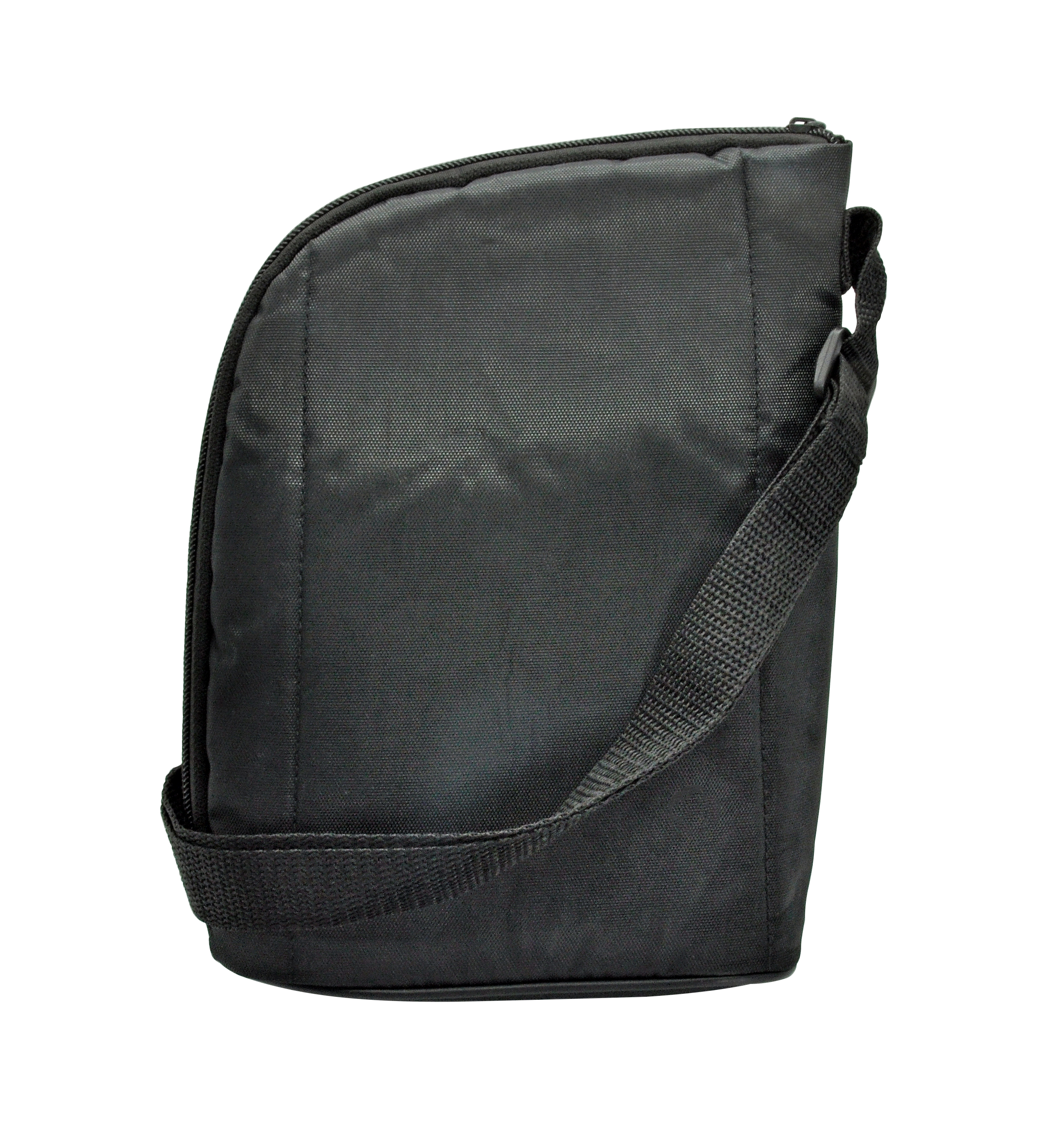 Bolsa de cámara negra con una correa para el hombro. Tiene una parte superior curvada y cierre de cremallera.