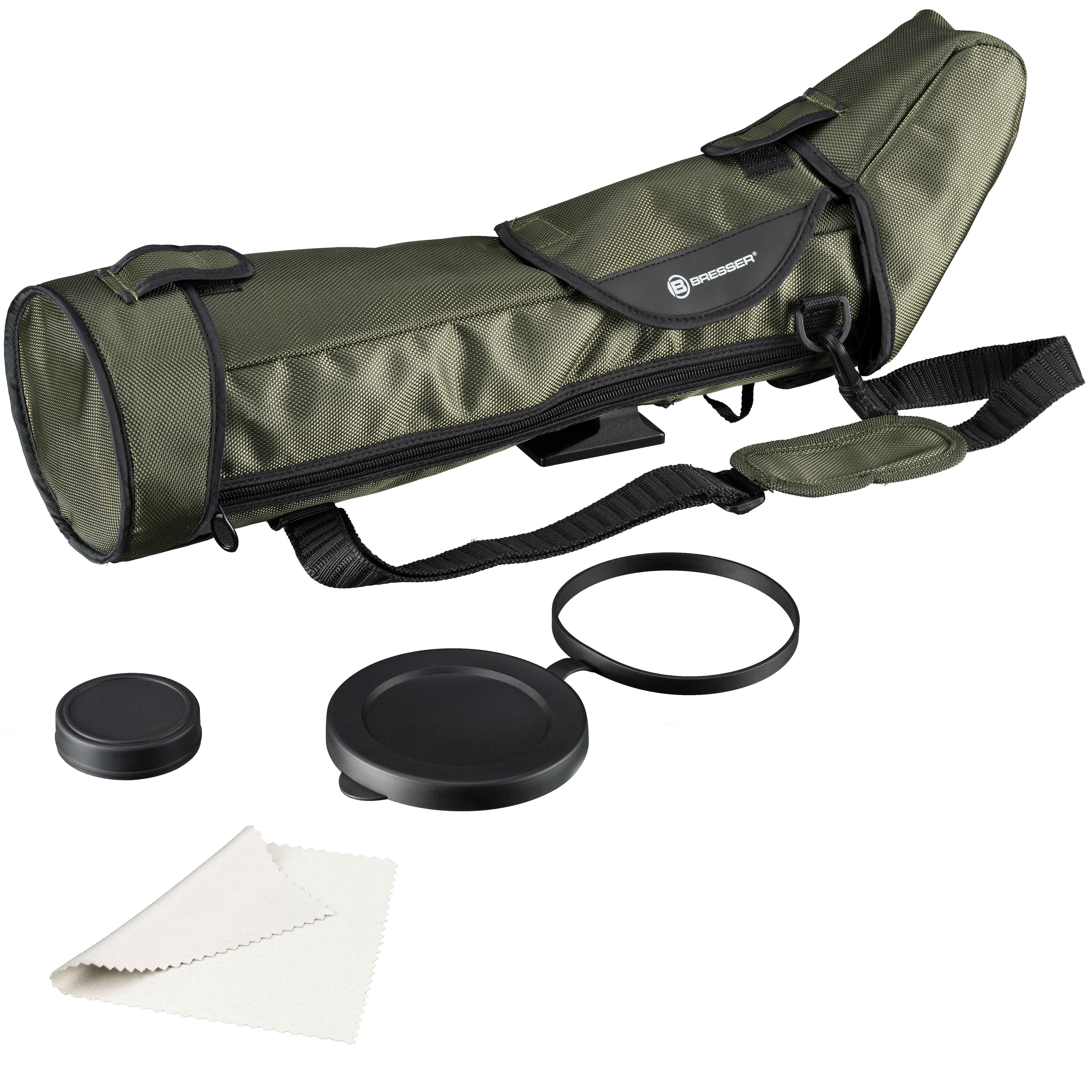 Funda de transporte para telescopio terrestre verde con correa, tapas de lente y paño de limpieza.