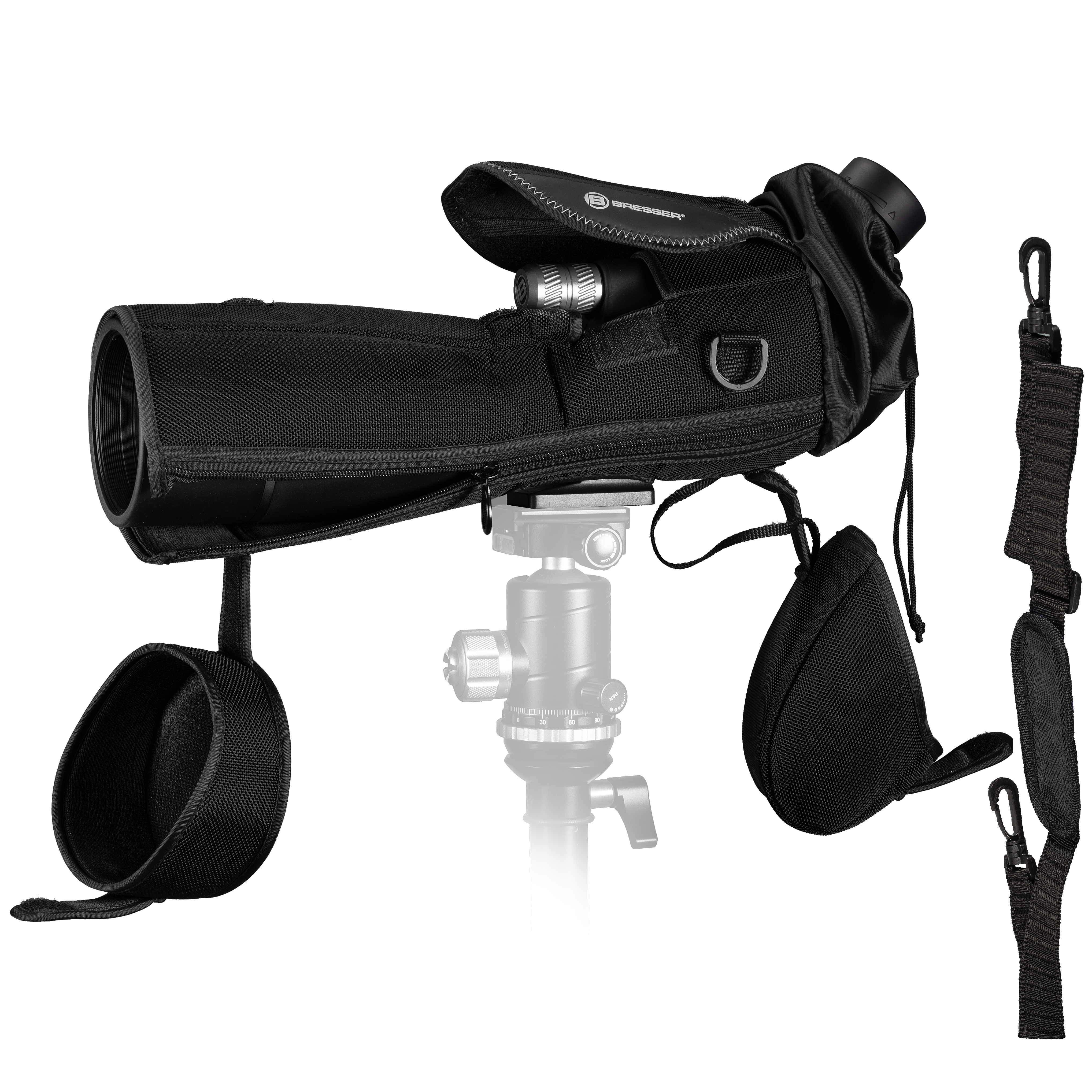 Telescopio terrestre negro con funda, correa y trípode. La lente está abierta, mostrando el telescopio.