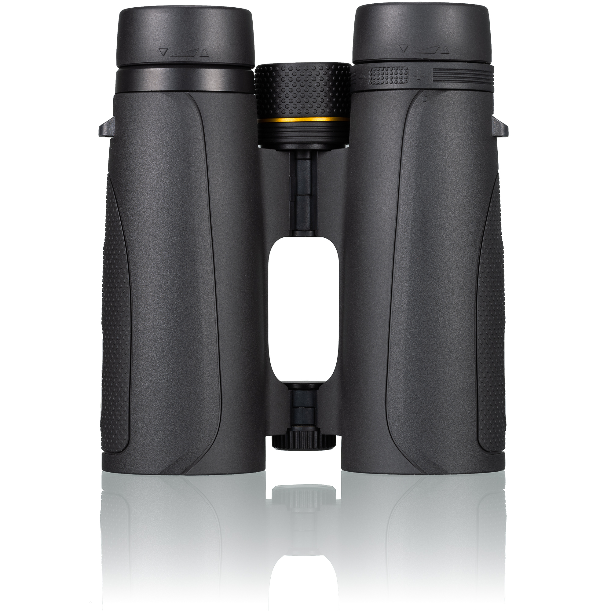 Black binoculars on a white background.