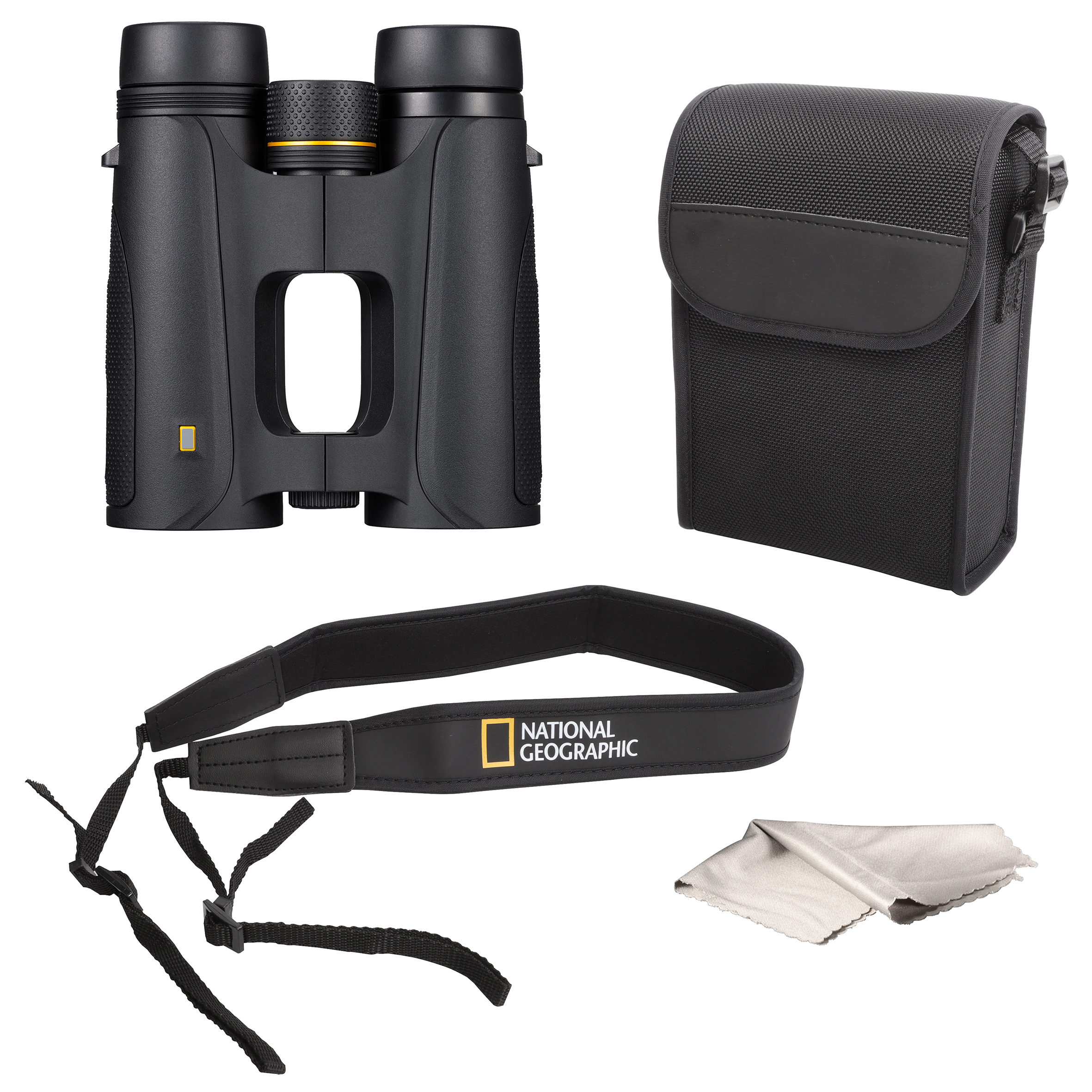 Black binoculars, a black carrying case, a black strap with a yellow logo, and two cleaning cloths.