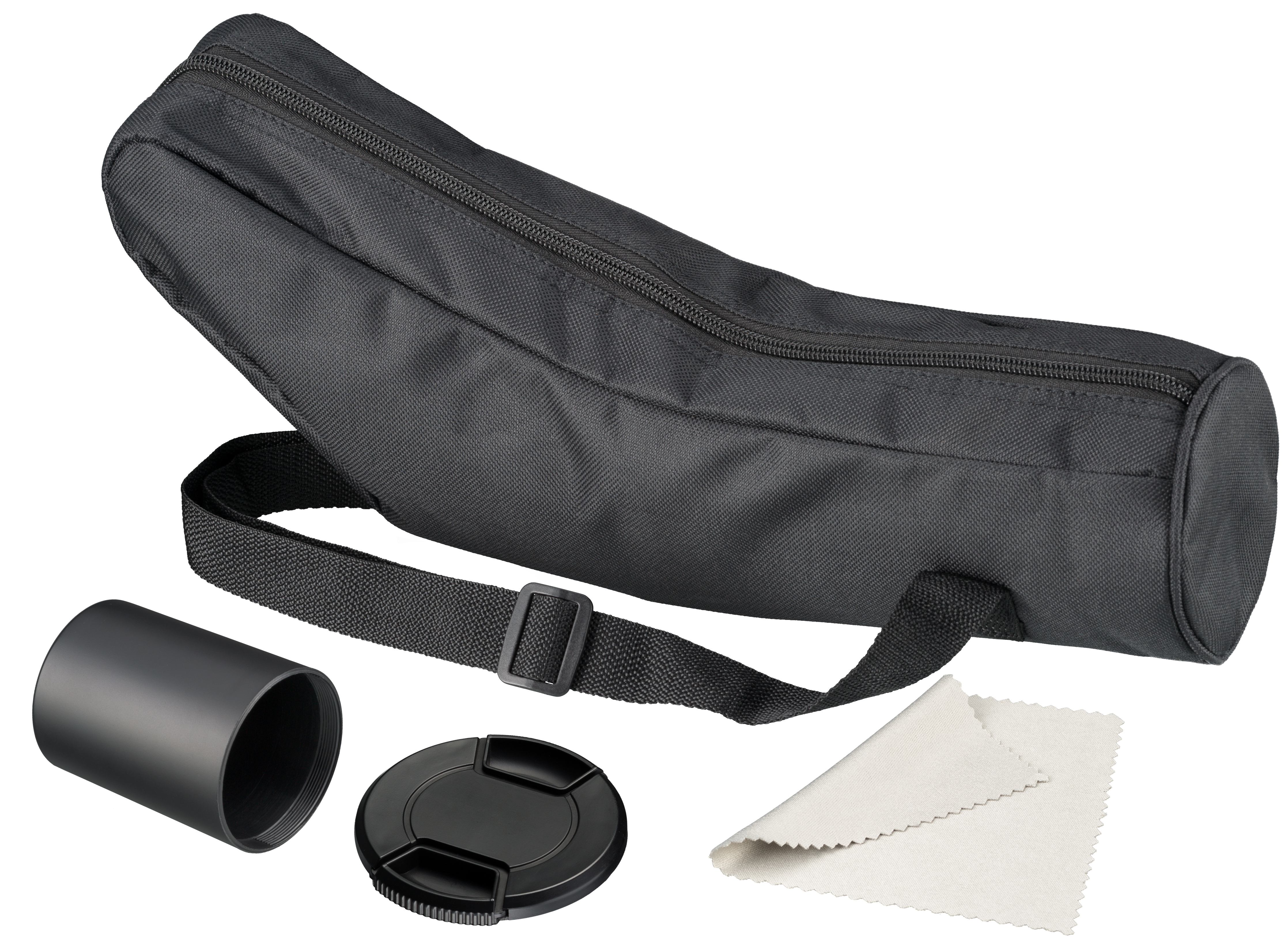 Bolsa negra con lente zoom, tapa de lente y paño de limpieza de lentes sobre fondo blanco.