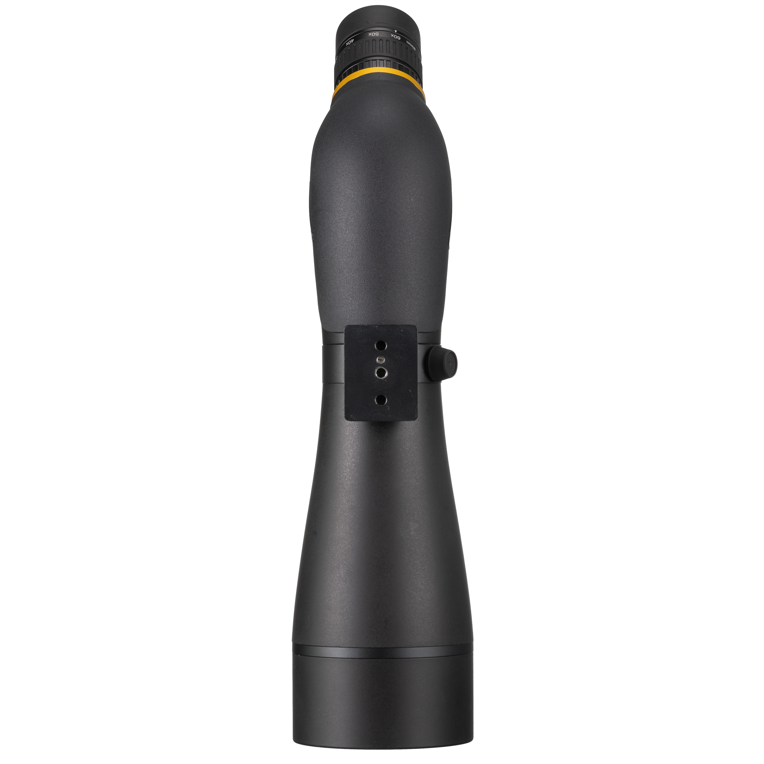 Un telescopio terrestre negro con una rueda de enfoque y una base negra. El telescopio tiene un logotipo Bresser.
