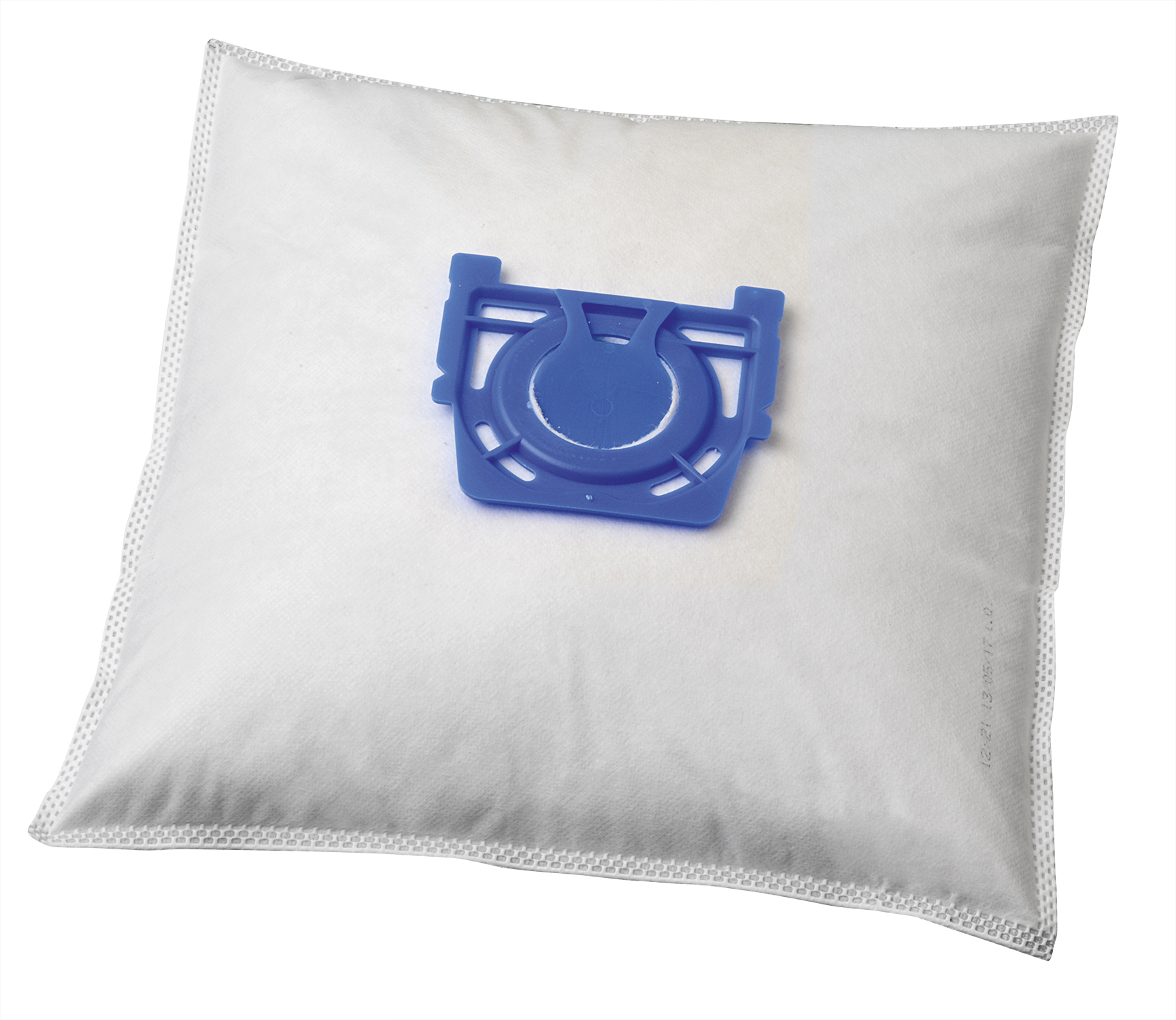 Weißer Staubsaugerbeutel mit blauem Kunststoffeinsatz. Quadratische Form, weißer Hintergrund.