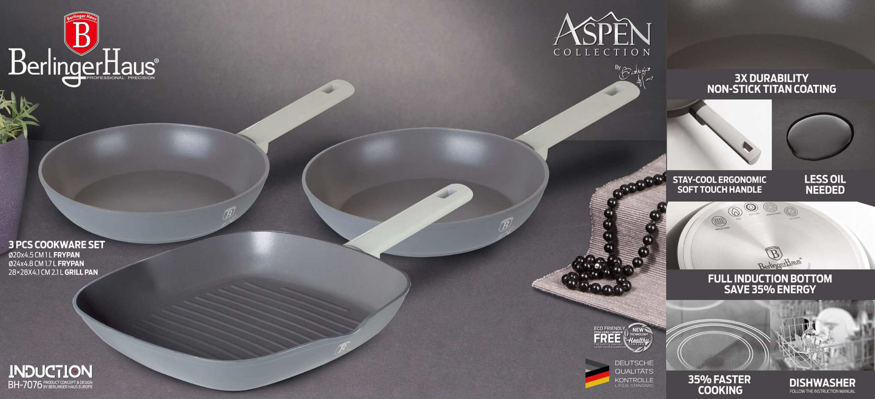 Set aus drei grauen Pfannen. Eine quadratische Grillpfanne und zwei runde Pfannen mit hellen Griffen.