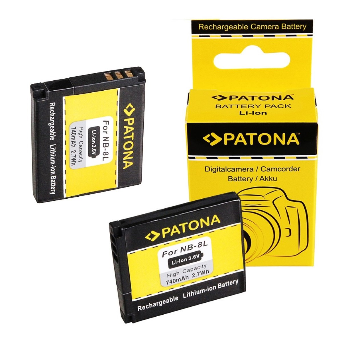 PATONA 2x Akku kompatibel Canon Stück Volt, für 3.6 Ersatzakku, 2 740mAh Li-Ion NB-8L