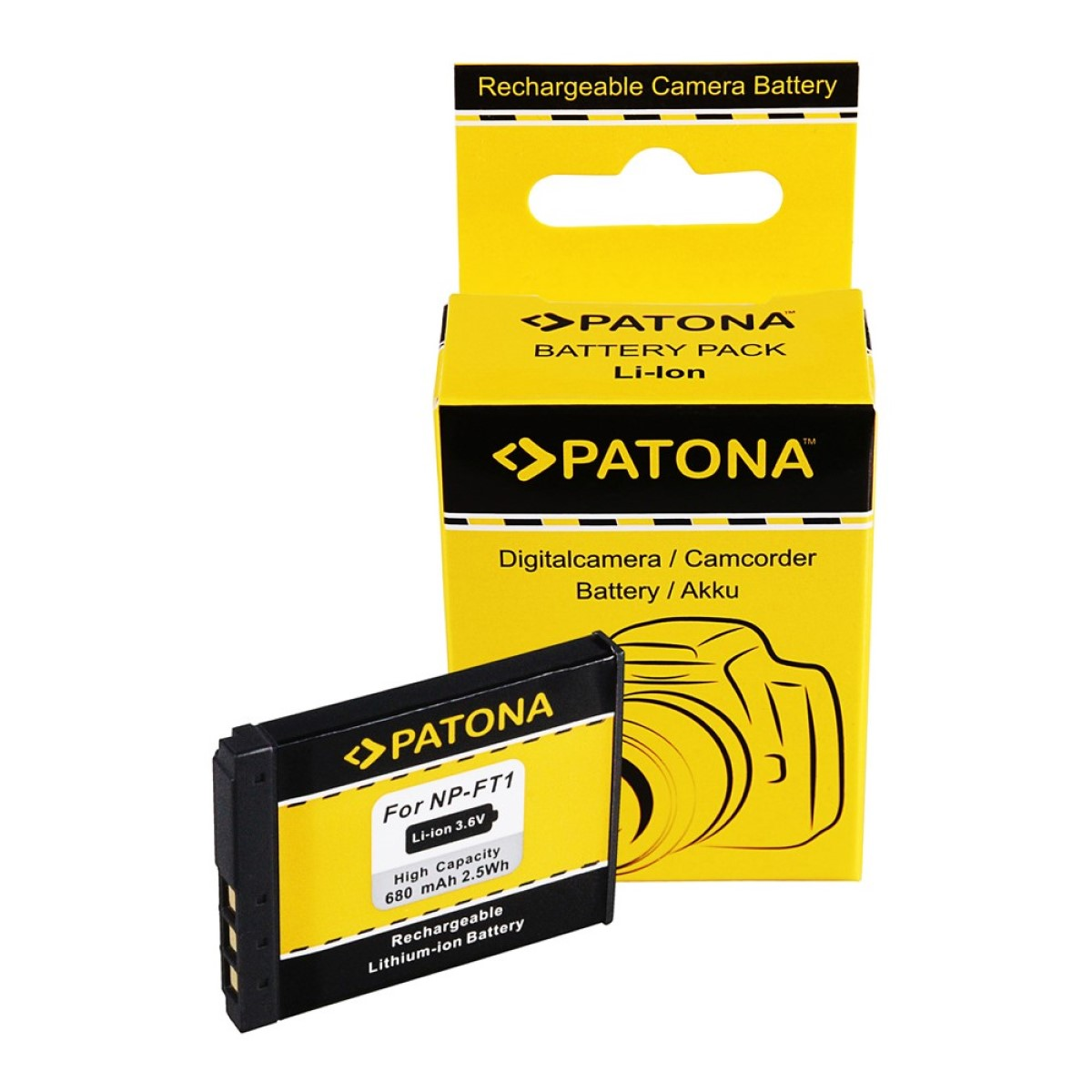 Eine schwarze Kamerabatterie und eine gelbe Batterieverpackung mit Branding.