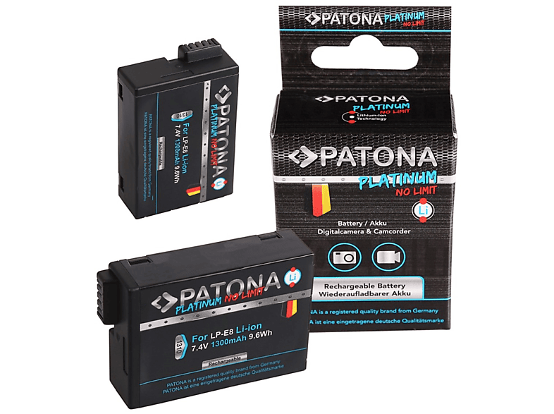 PATONA 2x Akku kompatibel für Canon EOS 550D Li-Ion Ersatzakku, 7.4 Volt, 1300mAh 2 Stück