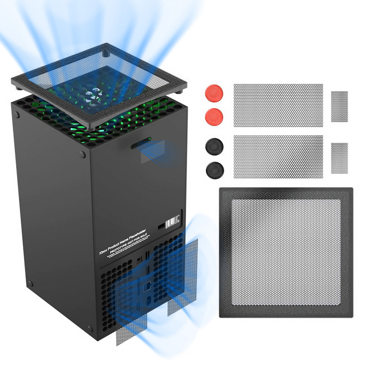 Schwarze Xbox Series X Konsole mit Belüftung. Zusätzliche schwarze und rote Mesh-Filter sind abgebildet.