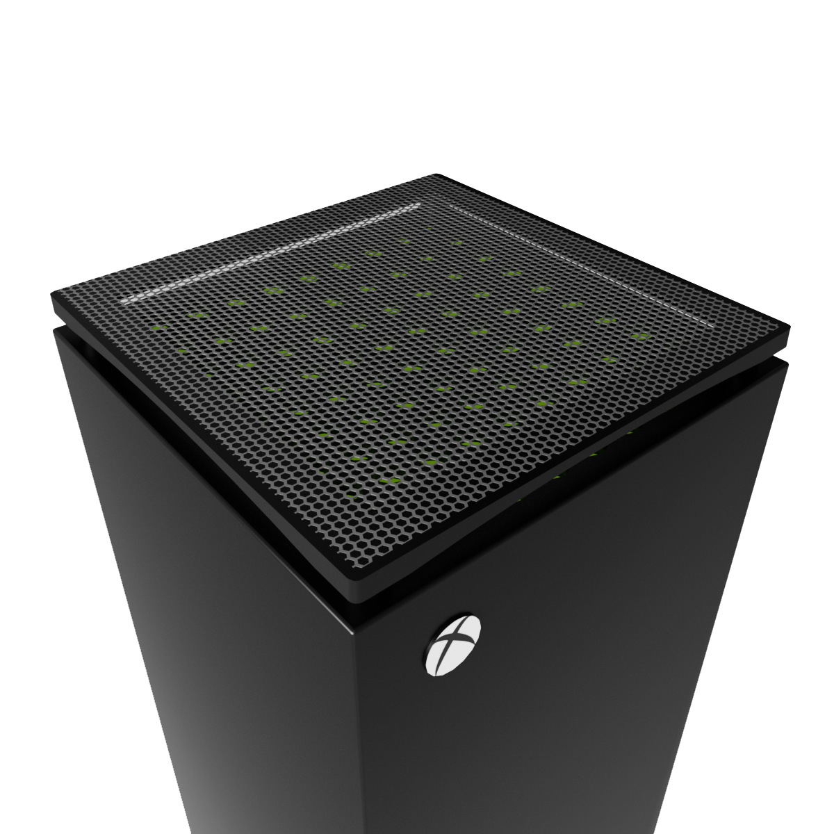 Schwarze Spielkonsole. Die Oberseite hat ein Mesh-Gitter. Das Xbox-Logo ist vorne.