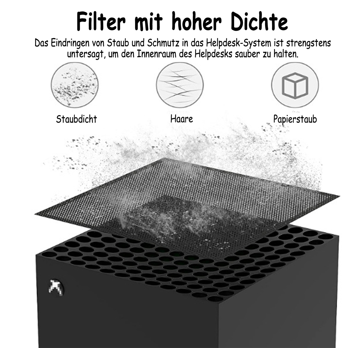 Diagramm zur Staub- und Haarfiltration für eine schwarze Spielkonsole.