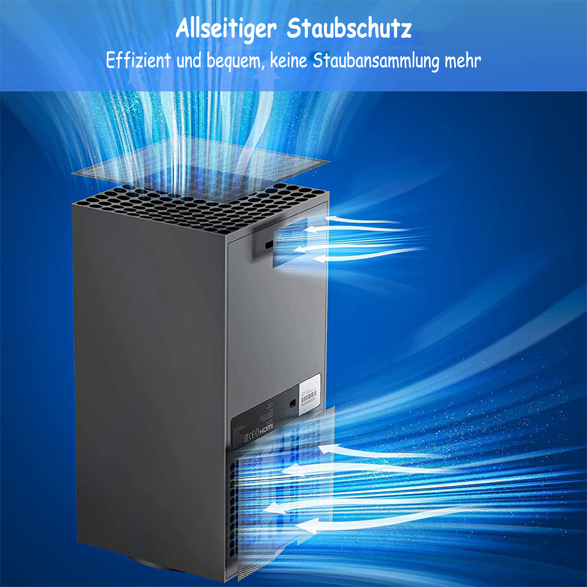 Eine schwarze Spielkonsole mit blauen Leuchtakzenten und Text, vor blauem Farbverlauf-Hintergrund.