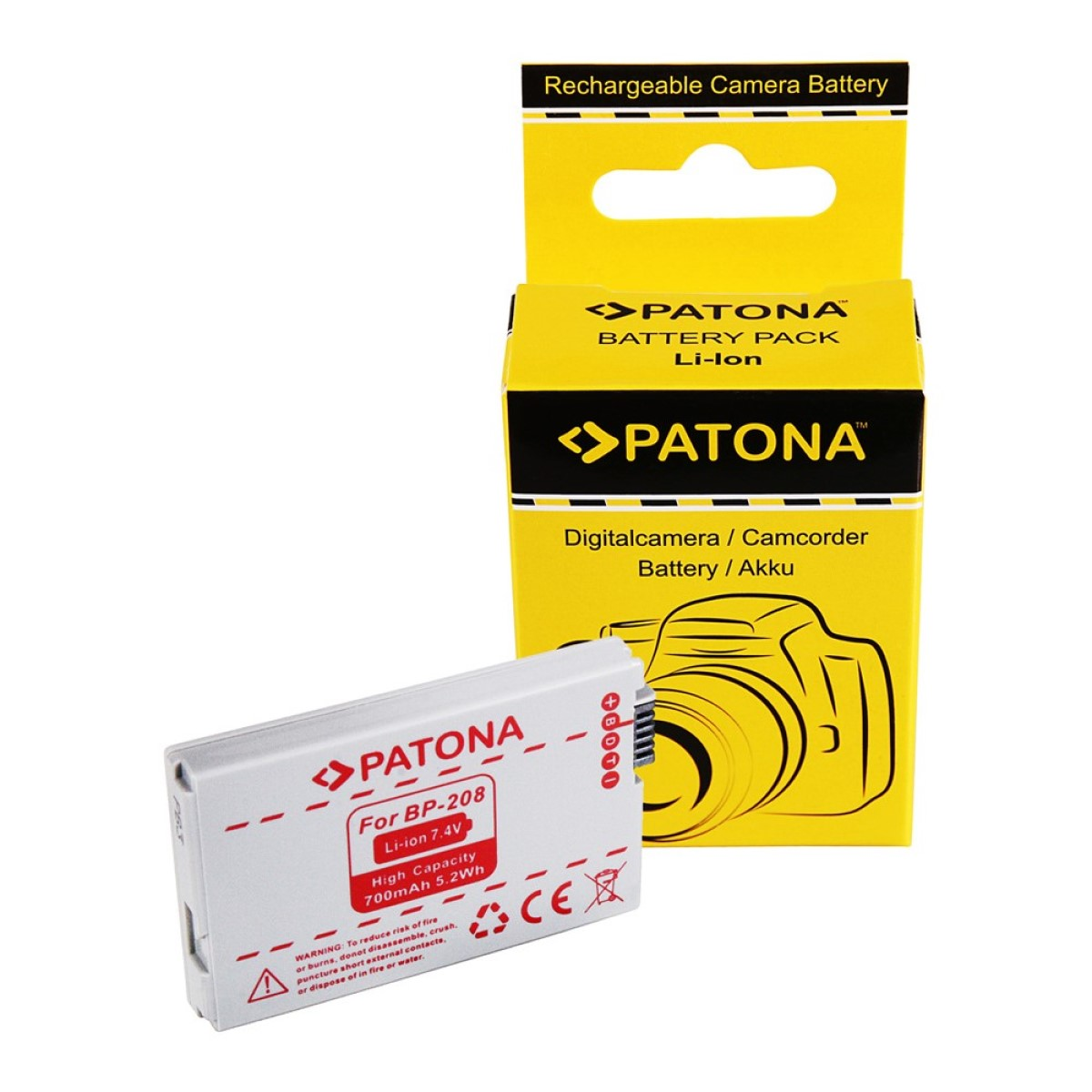 Ein Patona Kamera-Akku und seine gelbe Box auf weißem Grund. Die Box hat ein Kamera-Bild.