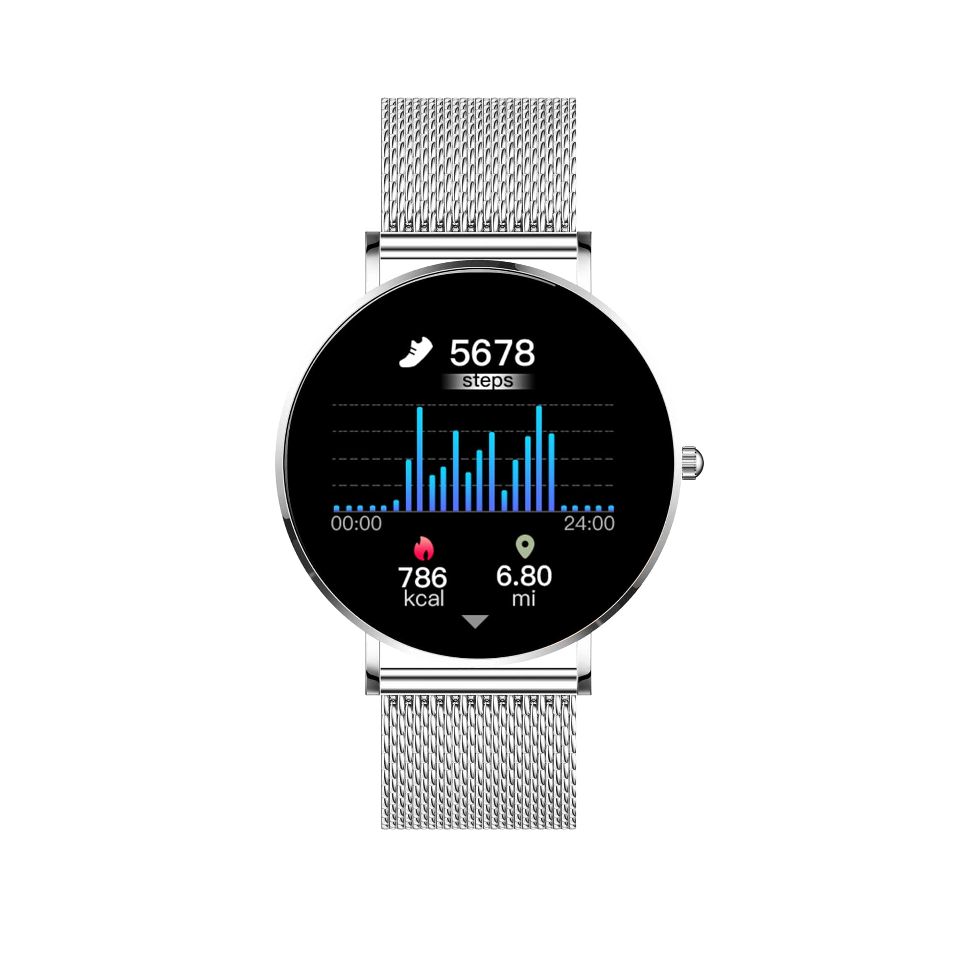 Eine silberne Smartwatch mit schwarzem Bildschirm. Sie zeigt Schritte, Kalorien und Meilen an.
